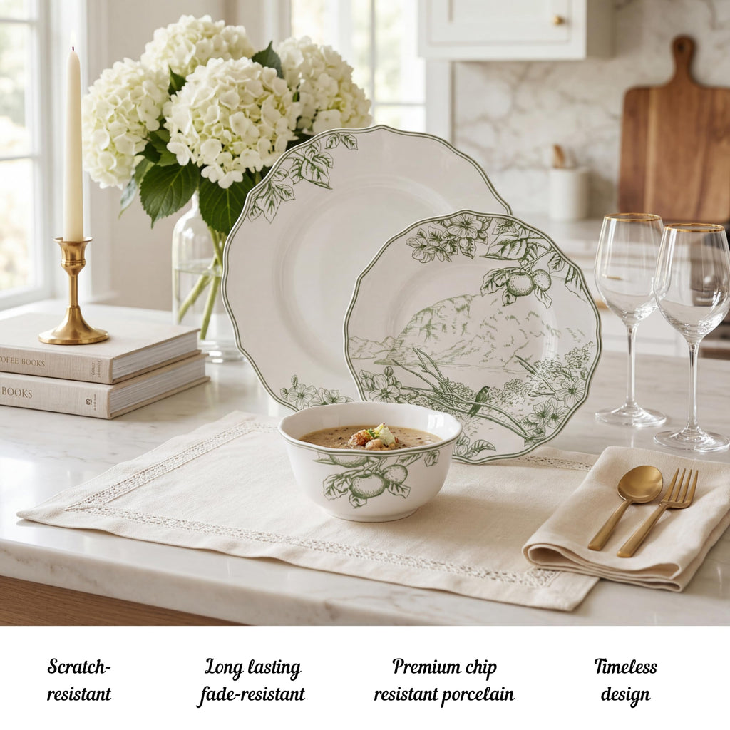 12-Piece Porcelain Dinnerware Set for 4, Elegant Floral Plates and Bowls Sets-White/Green Ceramic Dishes, Chip