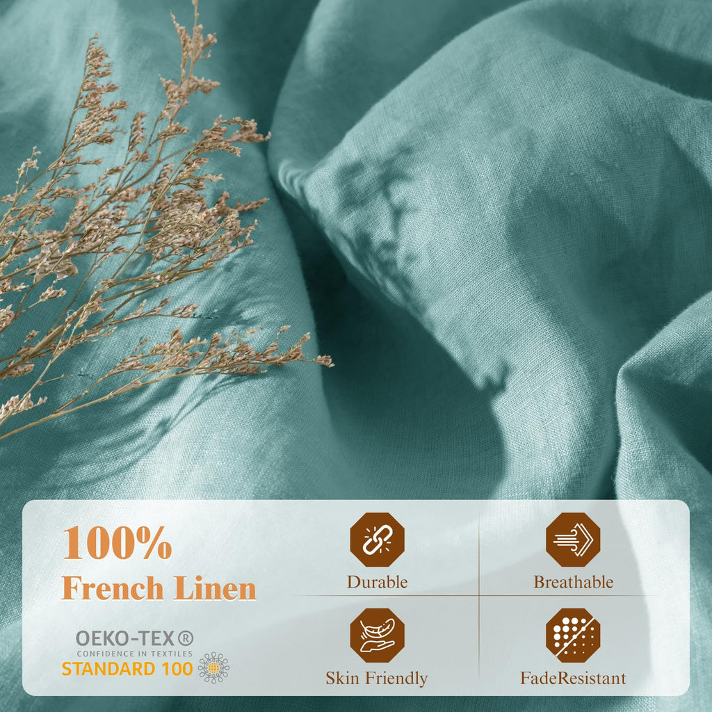 100% France Linen Duvet Cover Set 3 Pcs Natural Flax Duvet Cover Set 2 Pillowcase 1 Duvet Cover with Zipper (Aqua