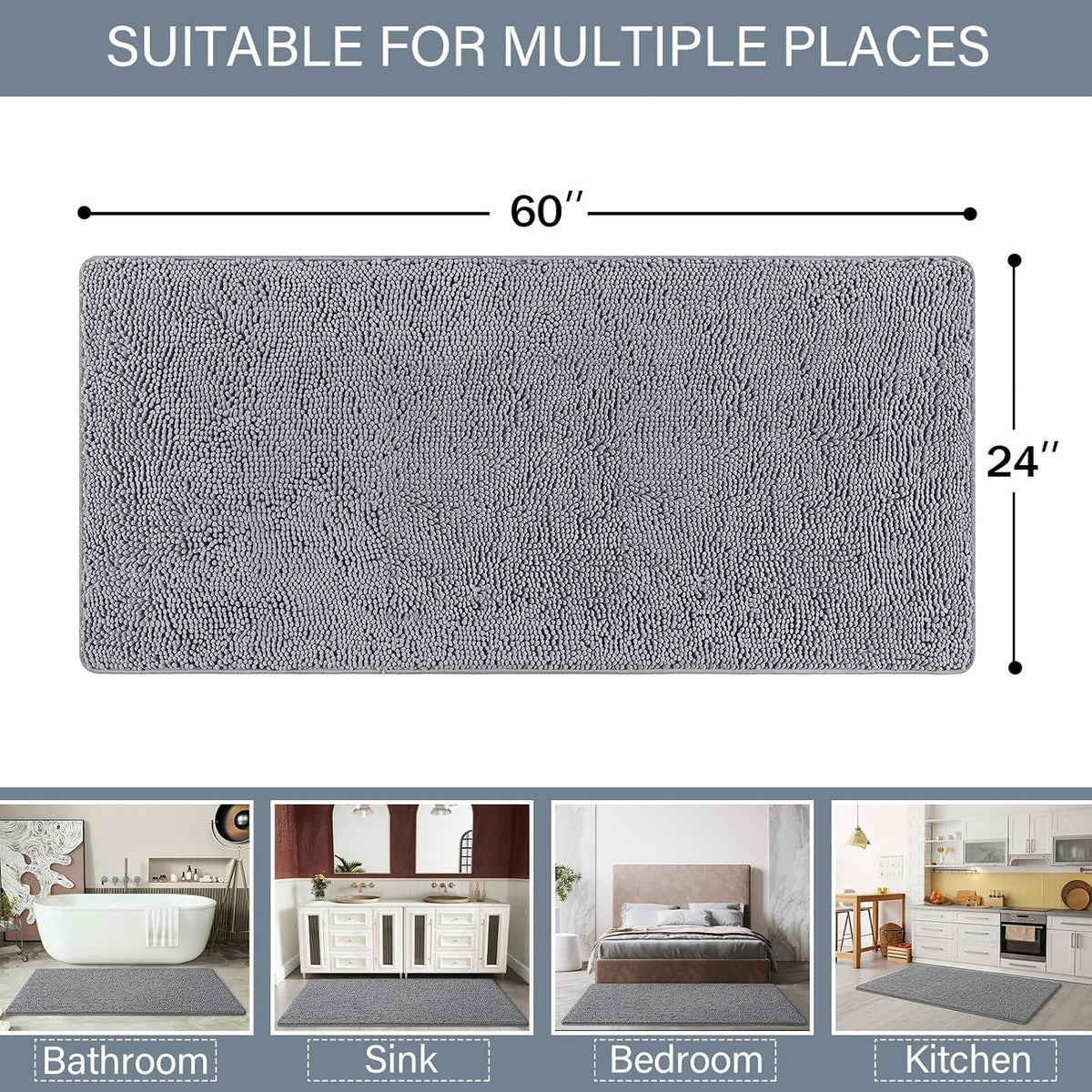 Luxury Bathroom Rug Shaggy Bath Mat 24 x 60 Inch, Gray | Washable Non Slip Bath Rugs Shower, Soft Plush Chenille