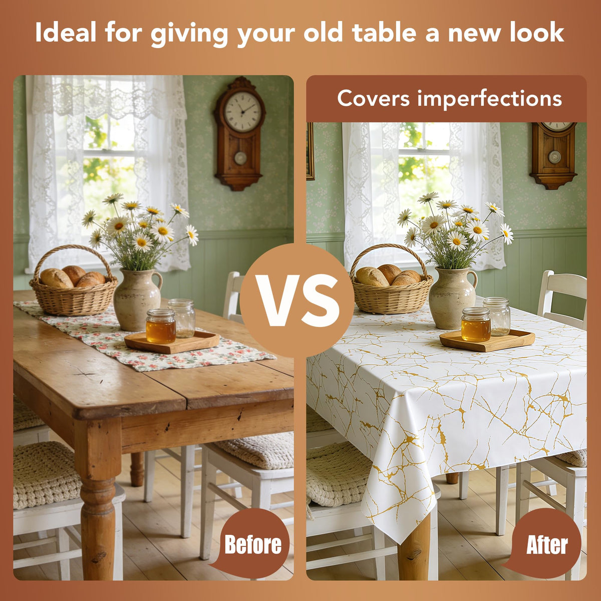 100% Waterproof Vinyl Tablecloth 54x78 Inch Rectangle, White Marble