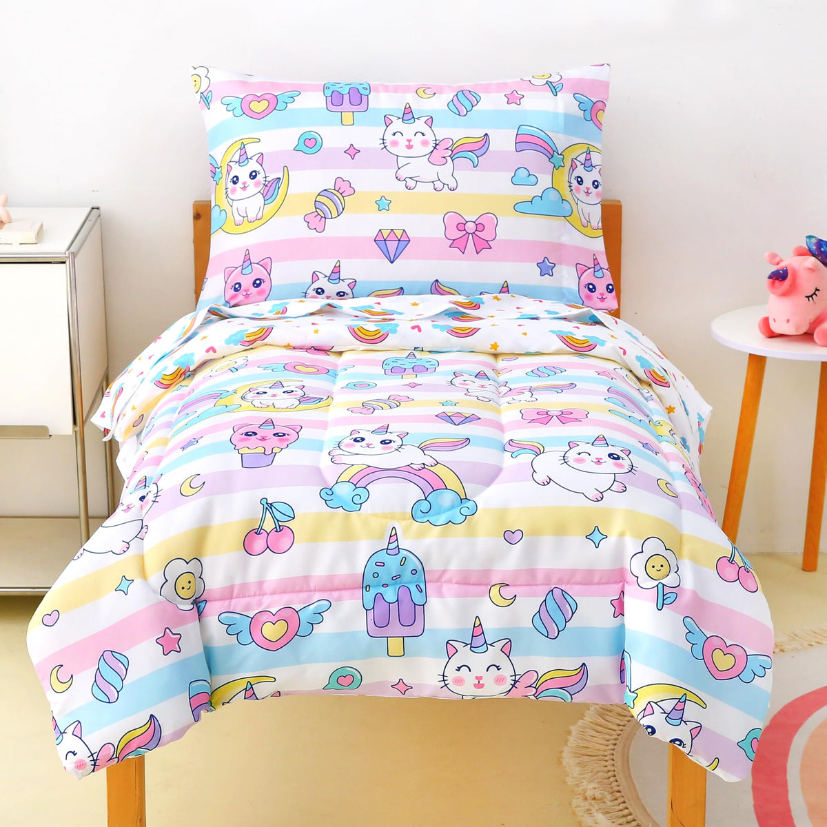 Toddler Bedding Sets for Girls,4 Pieces Cat Rainbow Printed