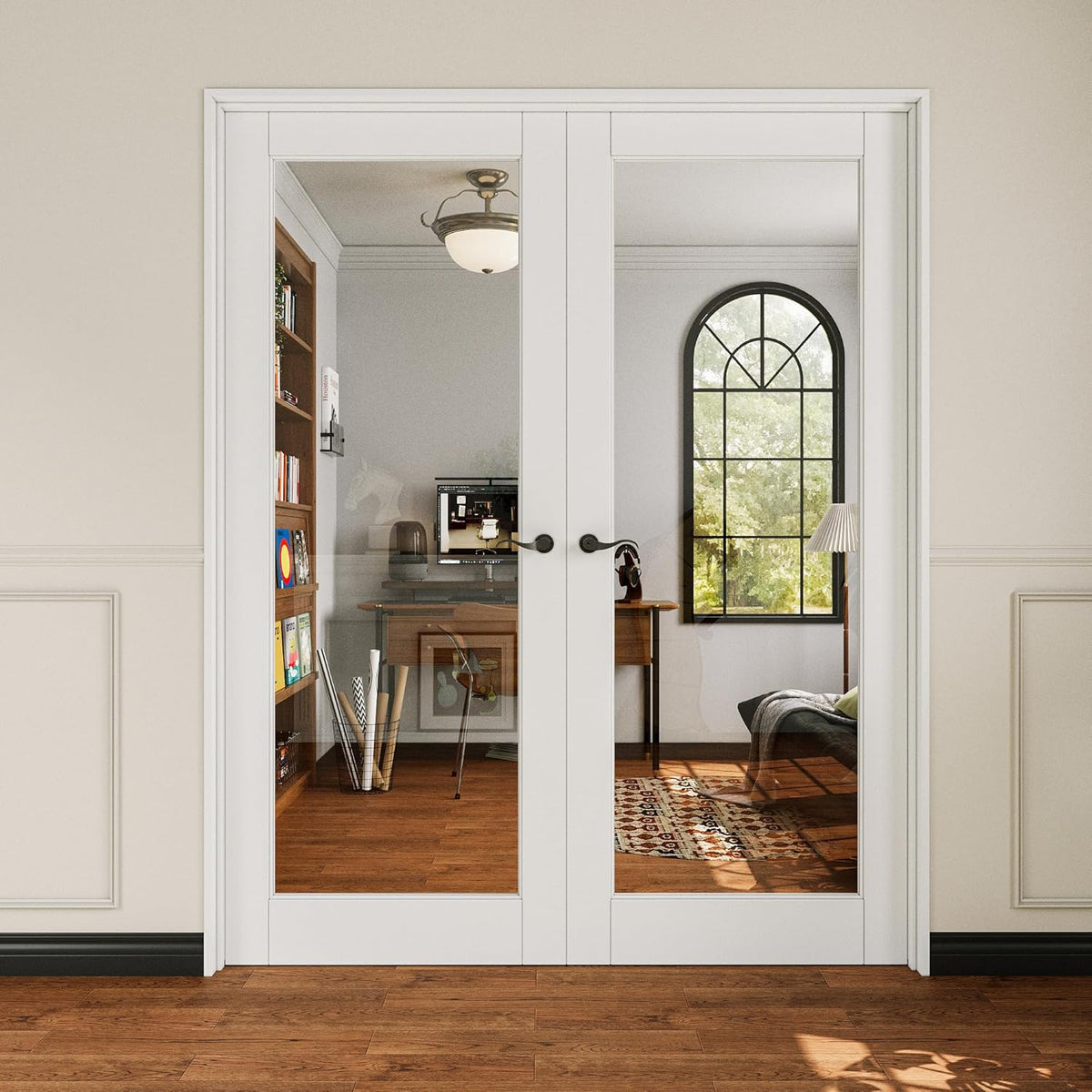 French Door 60" x 80" (Double 30" x 80") Clear Glass Door Slabs with Pre-Hung Jamb, Black Hinges, Levers and Latch, White Primed, French Interior Doors with Frame, Swing Double Bedroom Doors