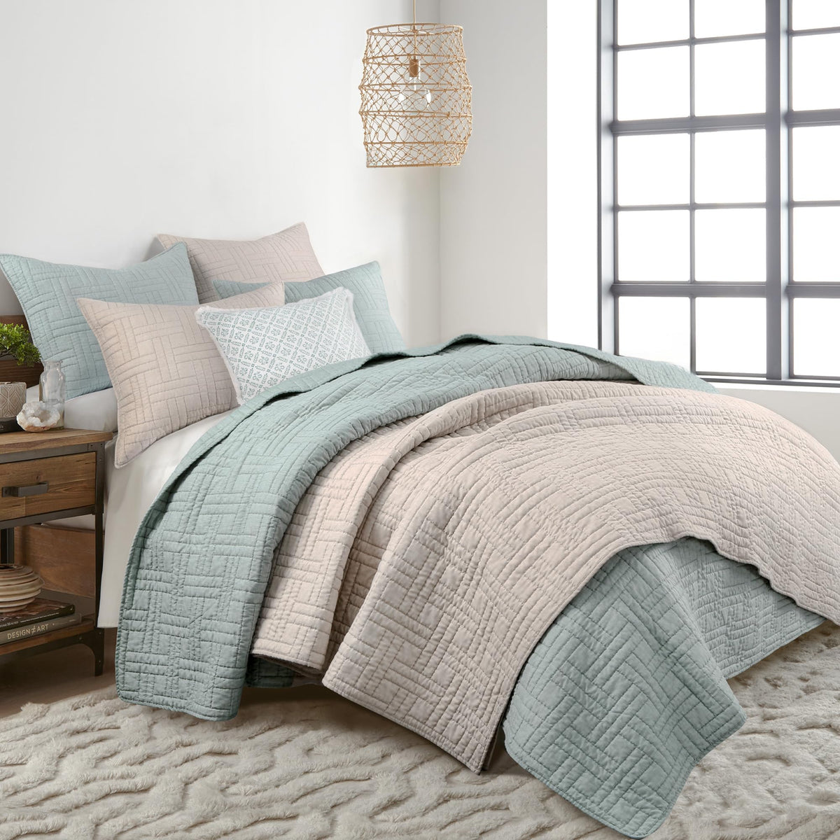 Melange Stitch Quilt Set - Quilt and One Standard Sham - Solid Stitched - Natural - Quilt (68x86in.) and Sham