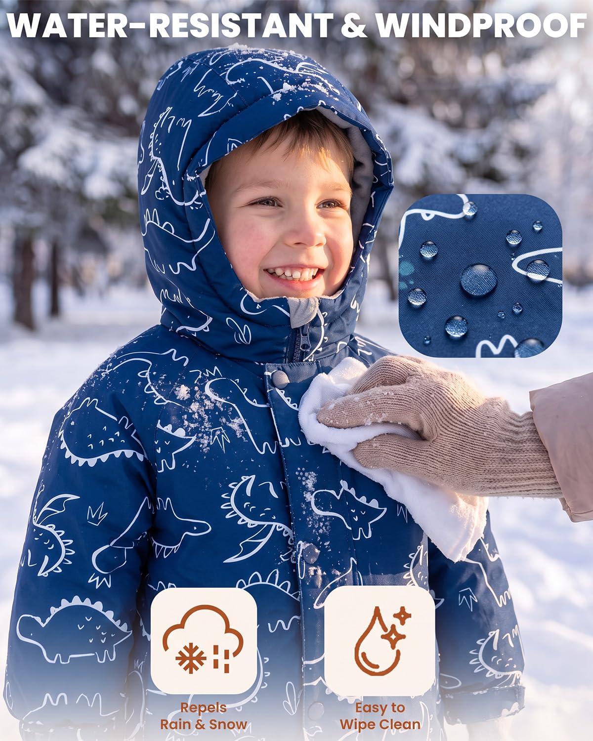 Baby Toddler Snowsuit - Windproof & Waterproof Winter Kids Snow Suits Navy Dinasour