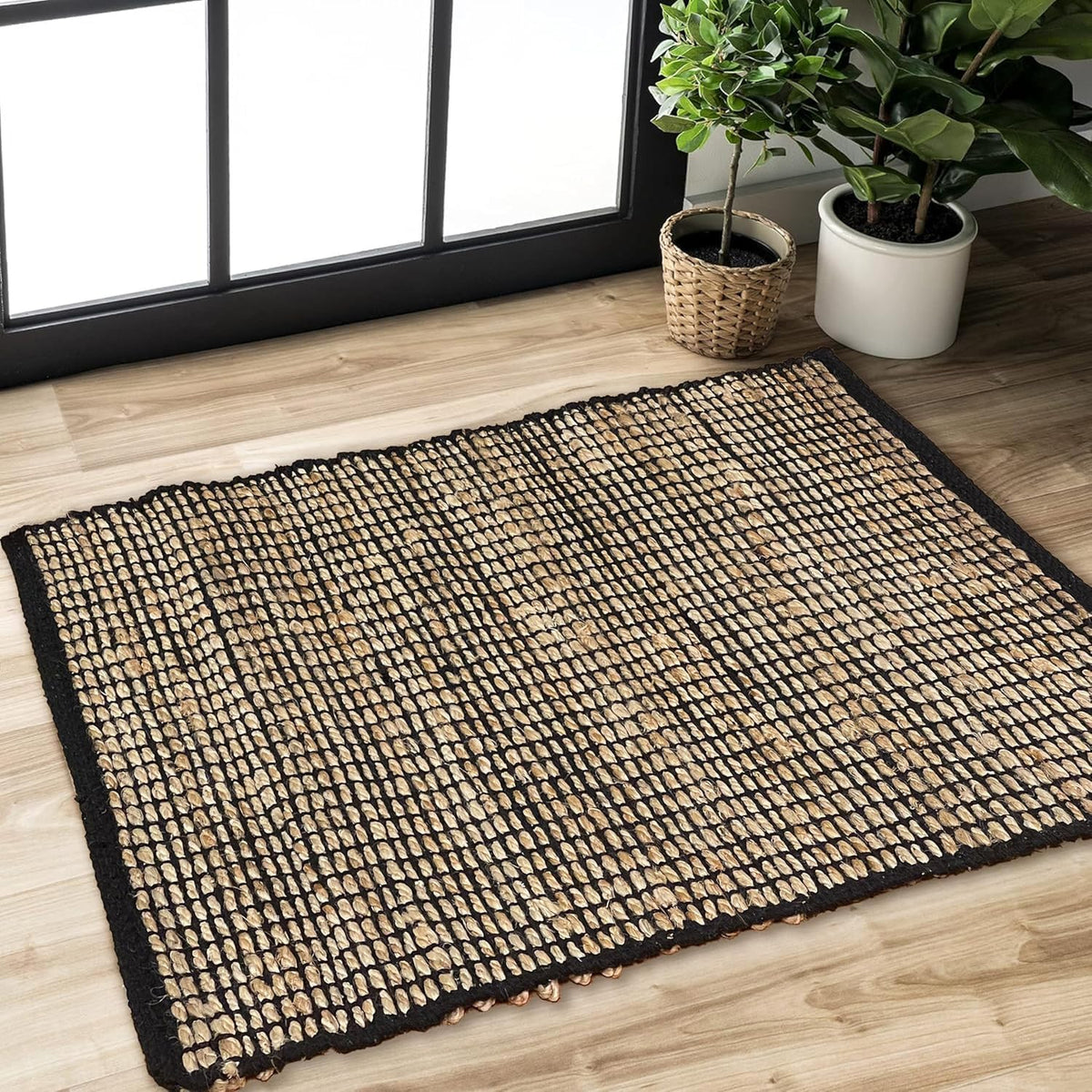 Jute Cotton Hand Woven Rug | Braided Doormat, Boho, Rustic, Natural Jute/Black | Farmhouse Vintage Area Rugs, and