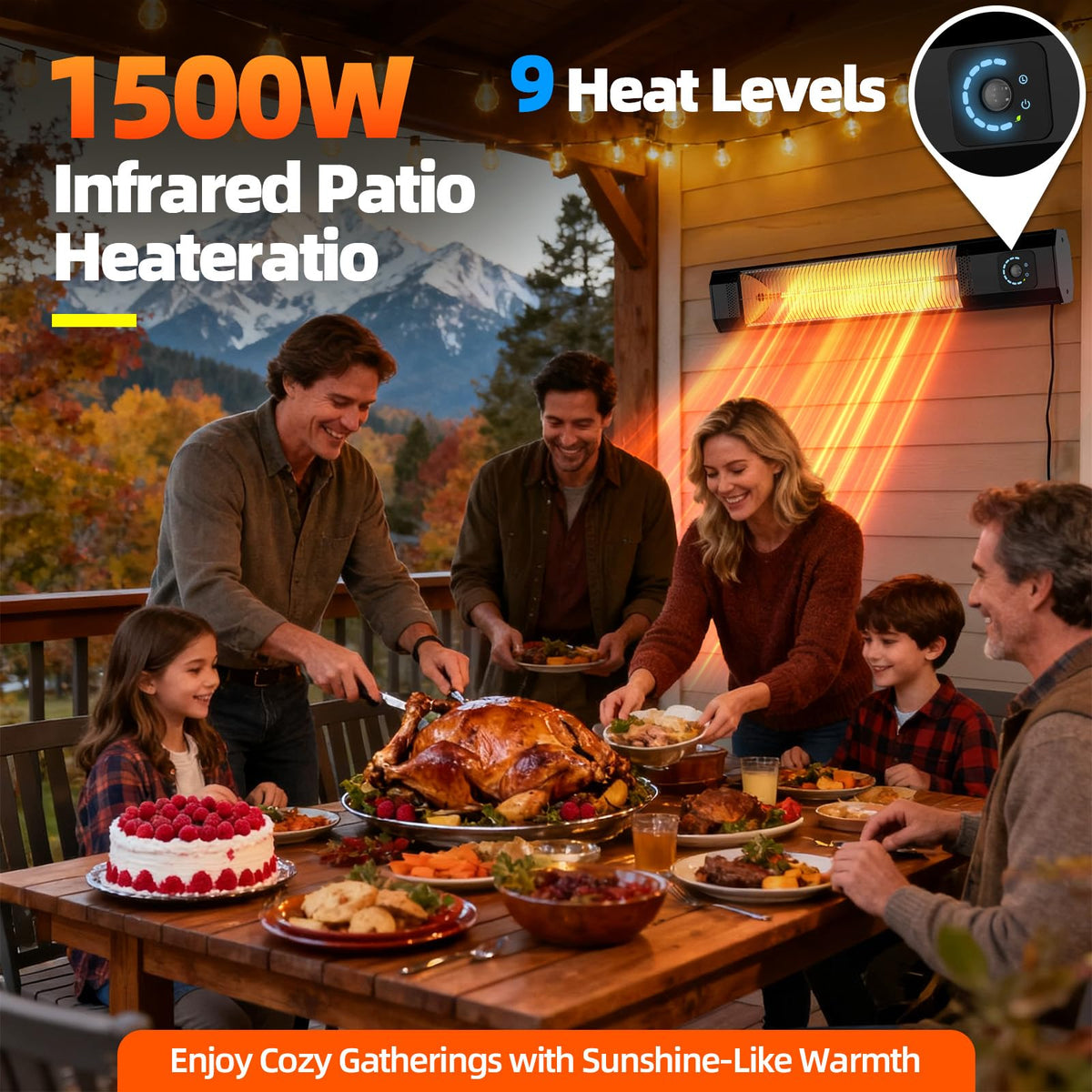 Wall-Mounted 34" 1500W Infrared Electric Patio Heater with Remote & Motion Sensor, 9 Heat Levels, 9H Timer, IPX5