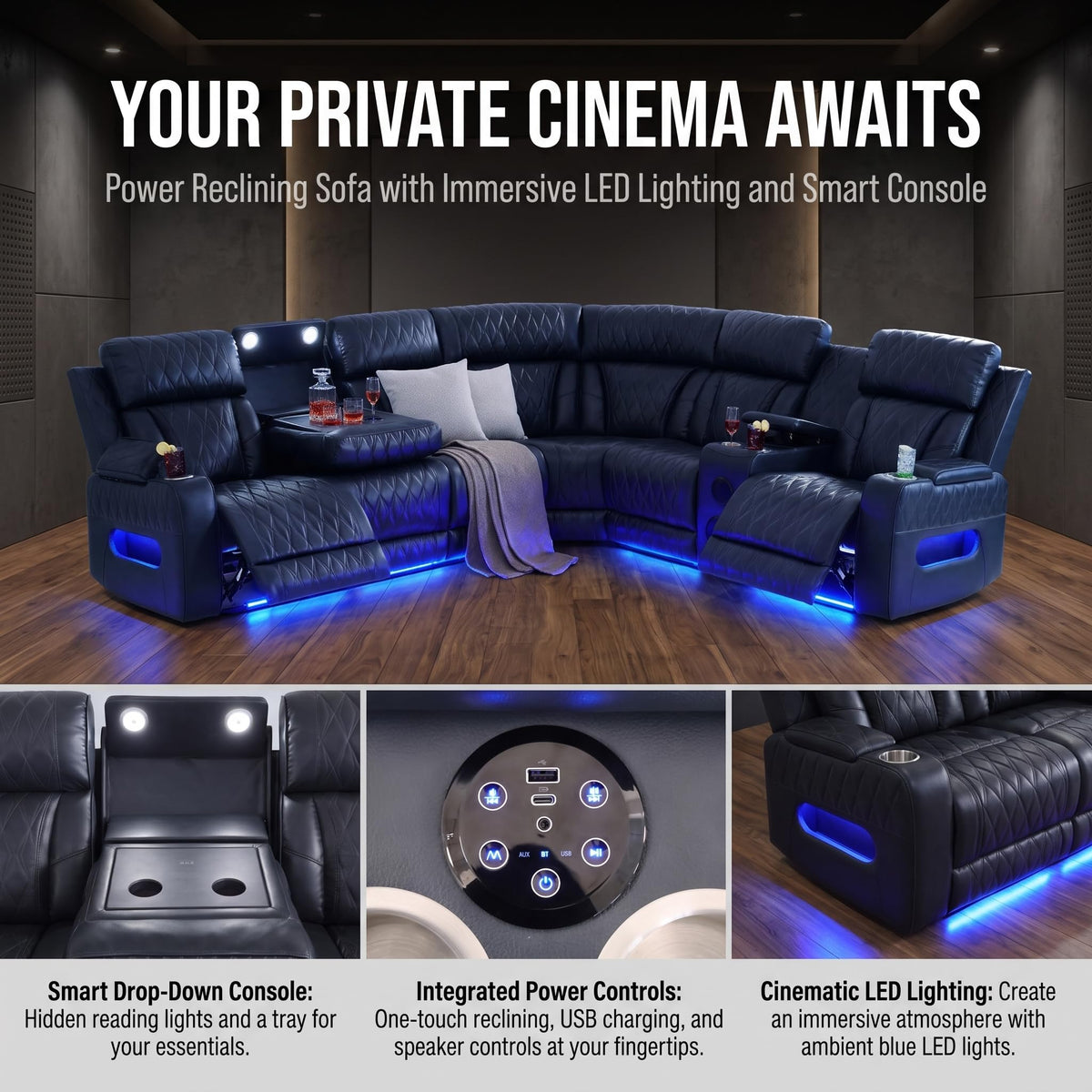 Breathable Leather Power Recliner Sectional Sofa, Bass Speakers, Cup Holder & Storage Console Home Theater