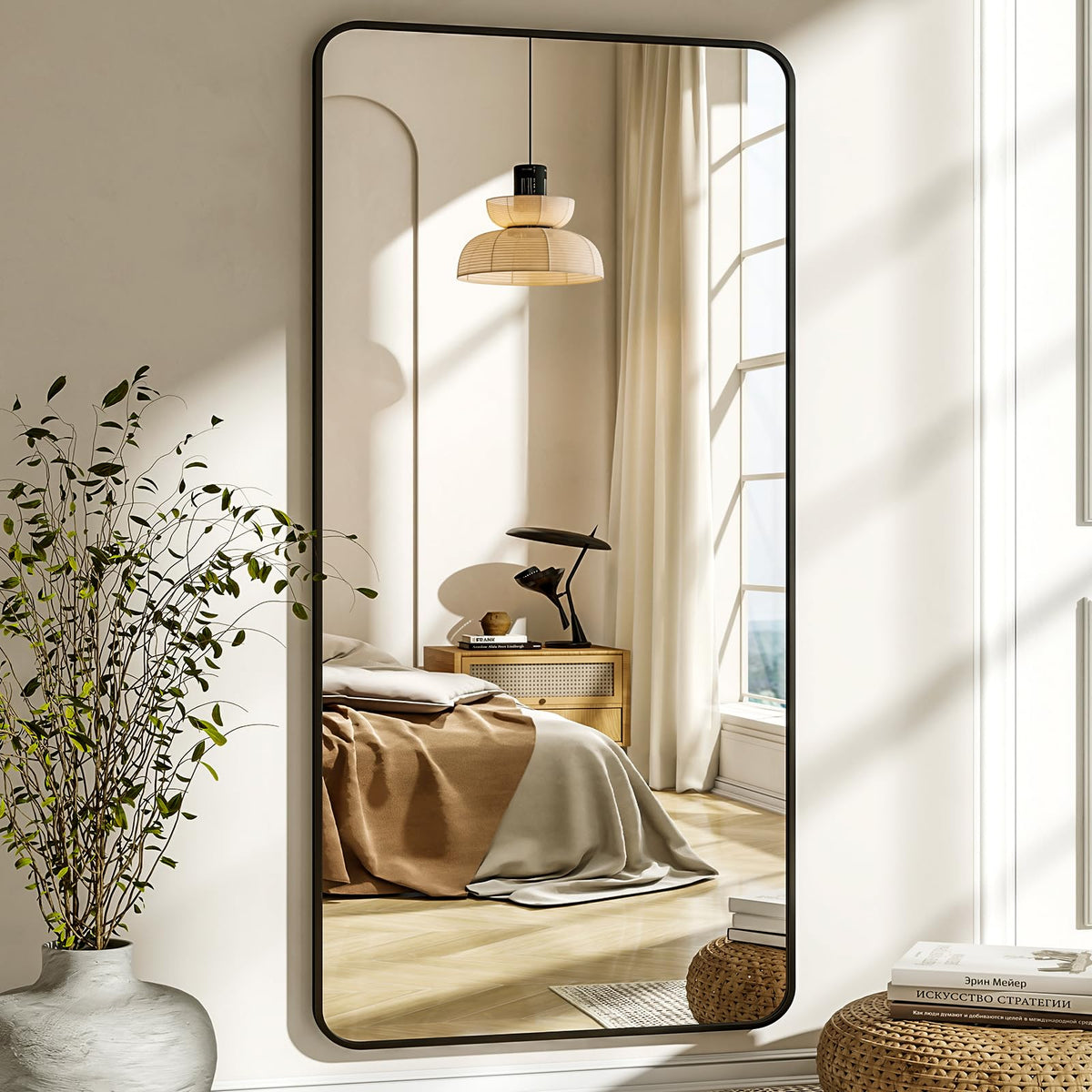 76"x34" Floor Full Length Mirror Standing Full Body Rounded Corner Rectangle Mirrors with Stand Hanging Wall Mounted