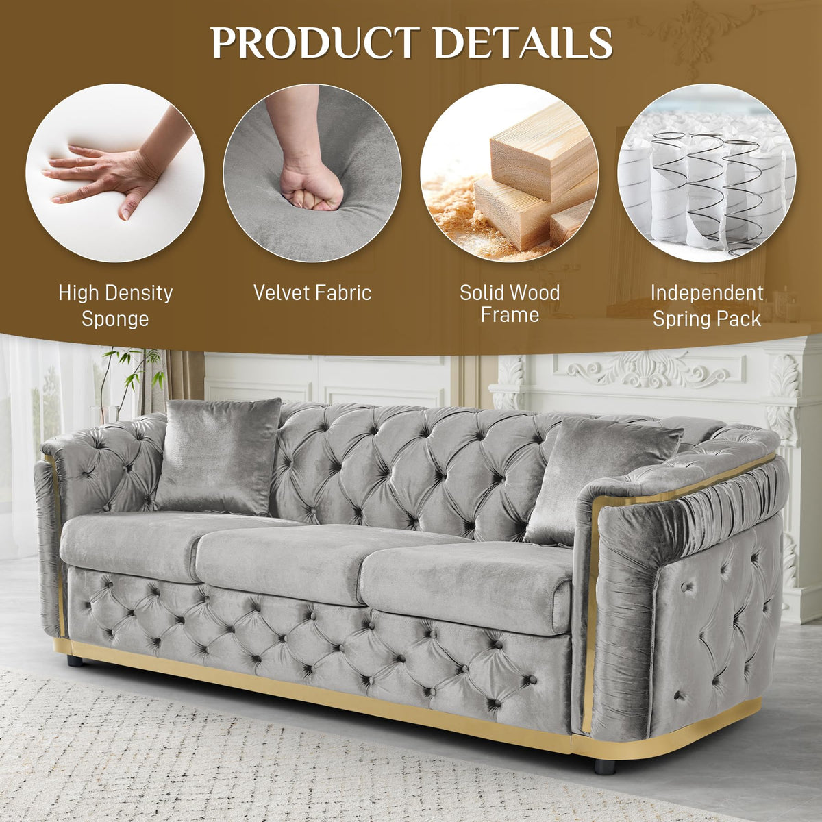 2-Piece 84.6" Sofa Set Chesterfield Tufted with Gold Legs, Grey