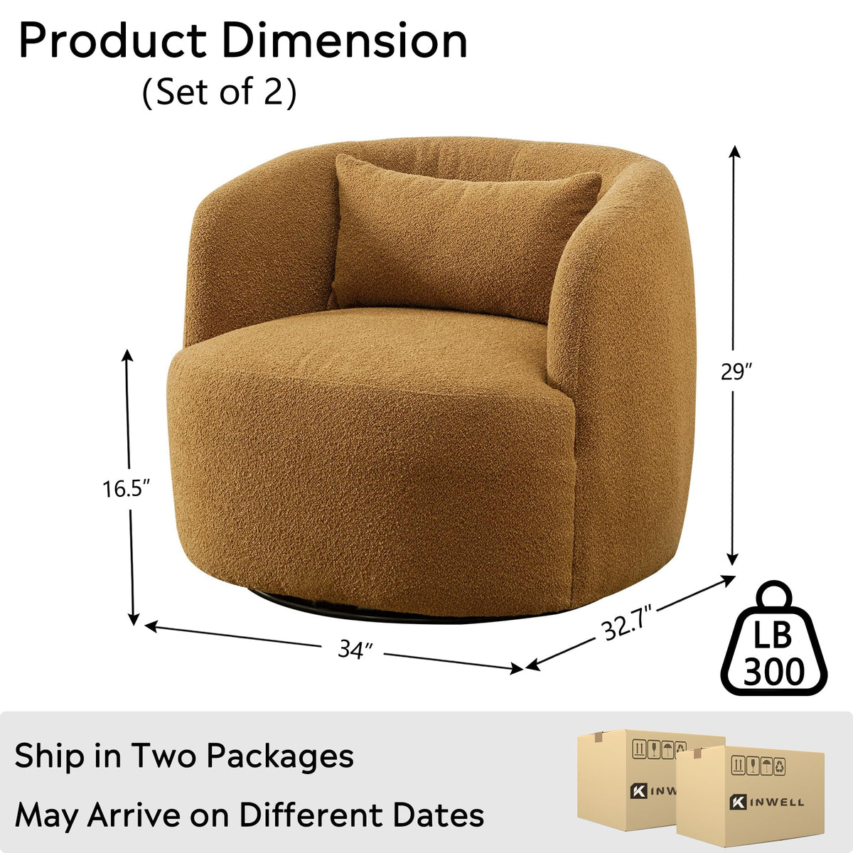 34" W Boucle Swivel Barrel Chairs with Pillow Set of 2, Brown