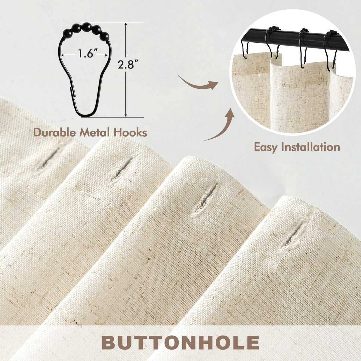W72*L84 Extra Long Linen Natural 12 Metal Hooks