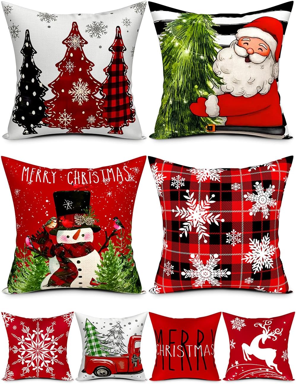 Double-Sided Print Christmas Pillow Covers 16''x16'', 8 Christmas Patterns Christmas Tree, Snowman - Set of 4