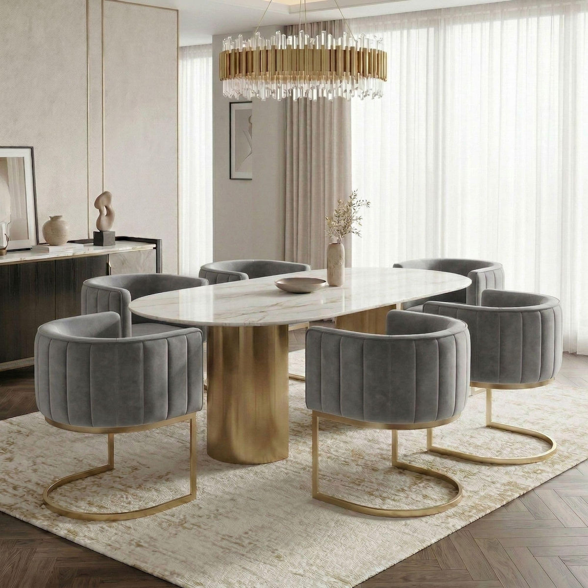 Grey and Gold Modern Barrel Dining Room Chairs Set of 6, Velvet Upholstered Accent Chairs with Curved Back Island