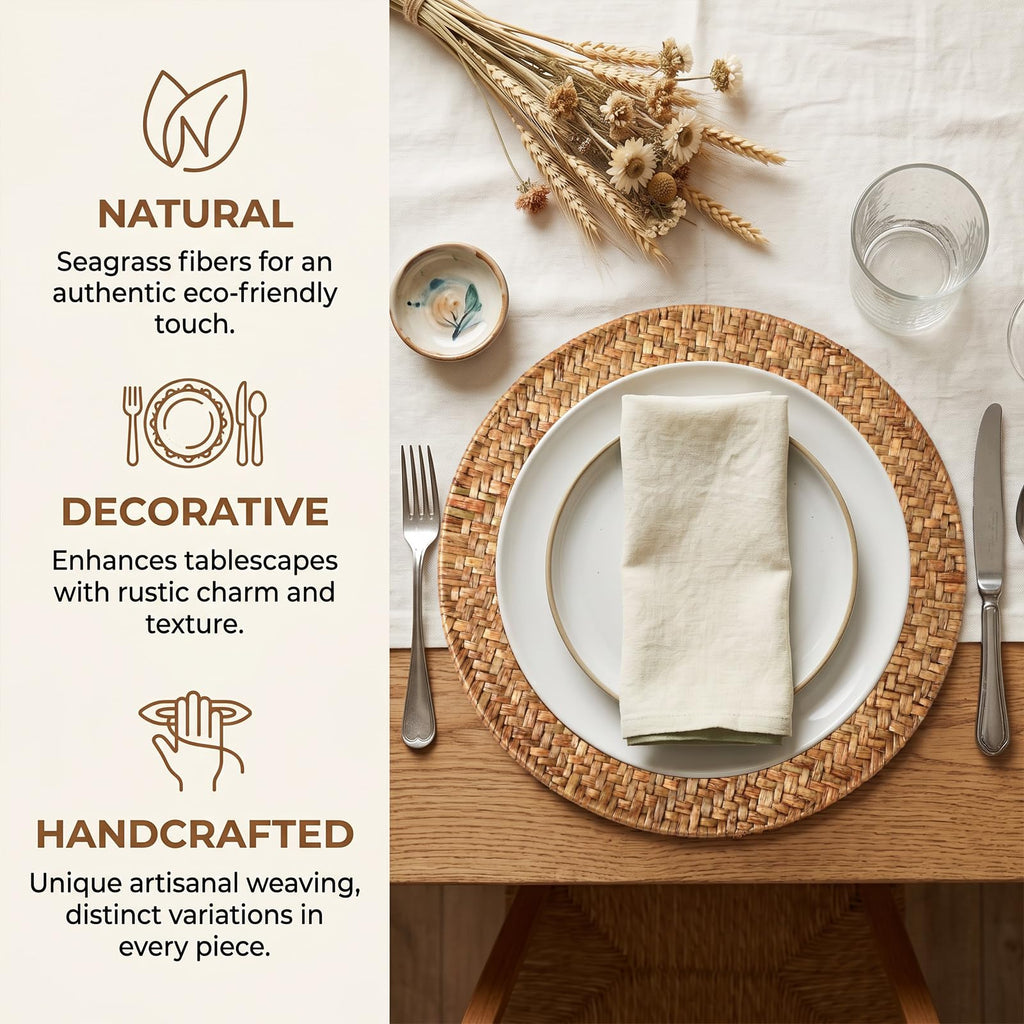 6 Set 13 Inch Rattan Round Placemats Natural Seagrass Woven Placemats Stained Brown Rattan Wicker Table Mats Boho