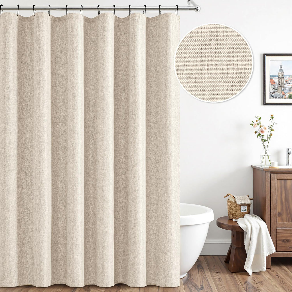 Cream Beige Extra Long Linen Fabric Shower Curtain Set - W72xL108