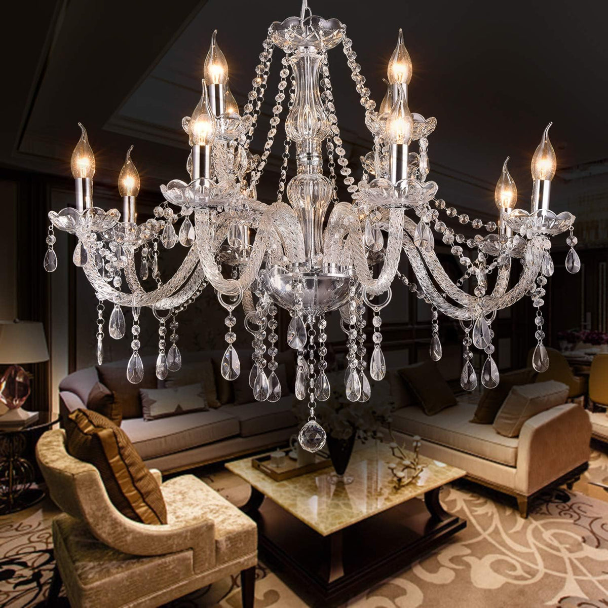 Twelve-Light Modern K9 Crystal Glass Chandelier for Large Rooms