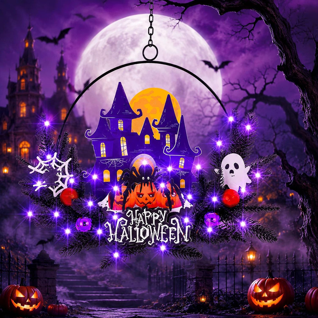 Halloween Decorations Fall Lit Ghost Wreath Twinkling Pumpkins for Front Door Light Up Haunted House Wreath with Bats - Set of 30