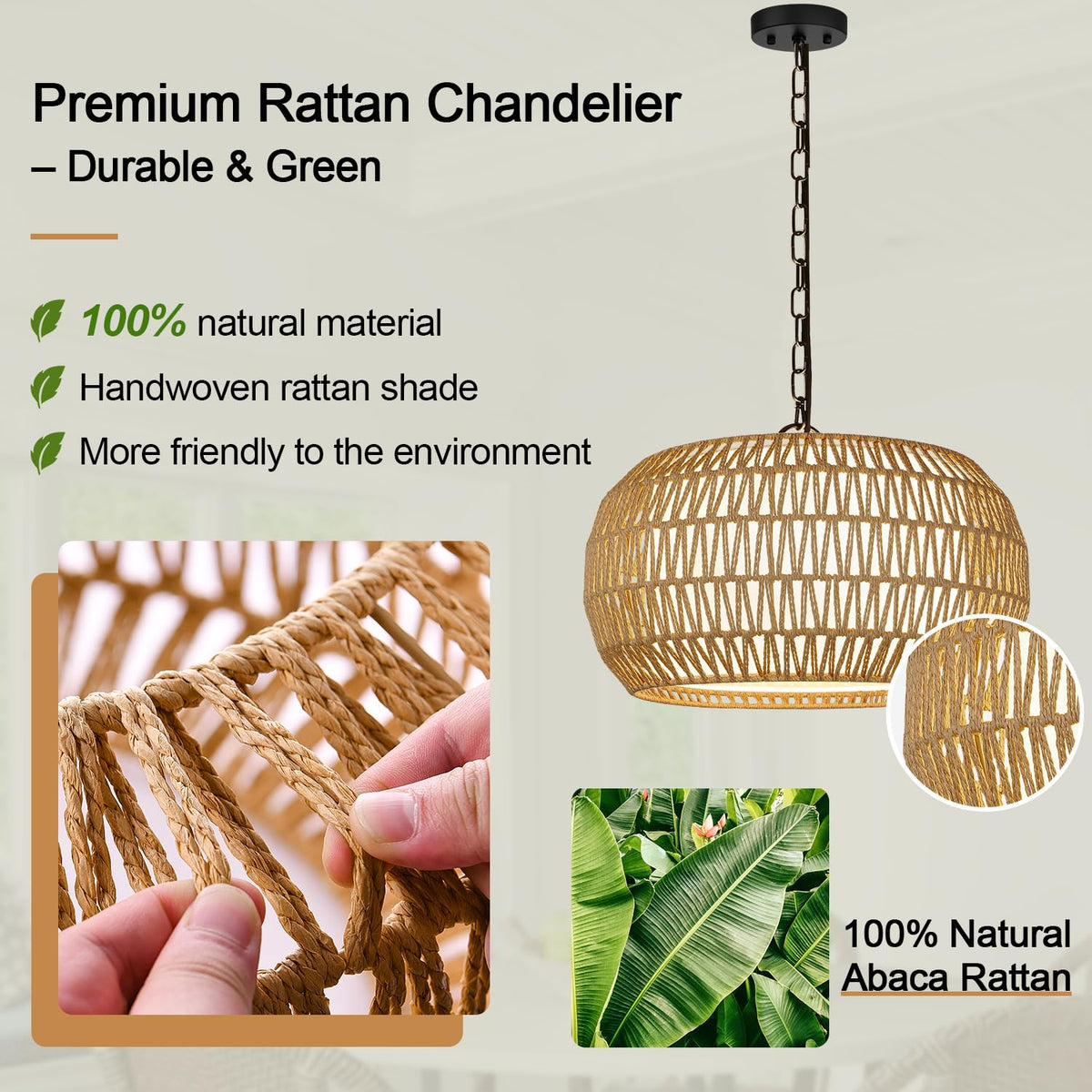 19" Rattan Chandelier, Woven Boho Dining Room Light Fixture