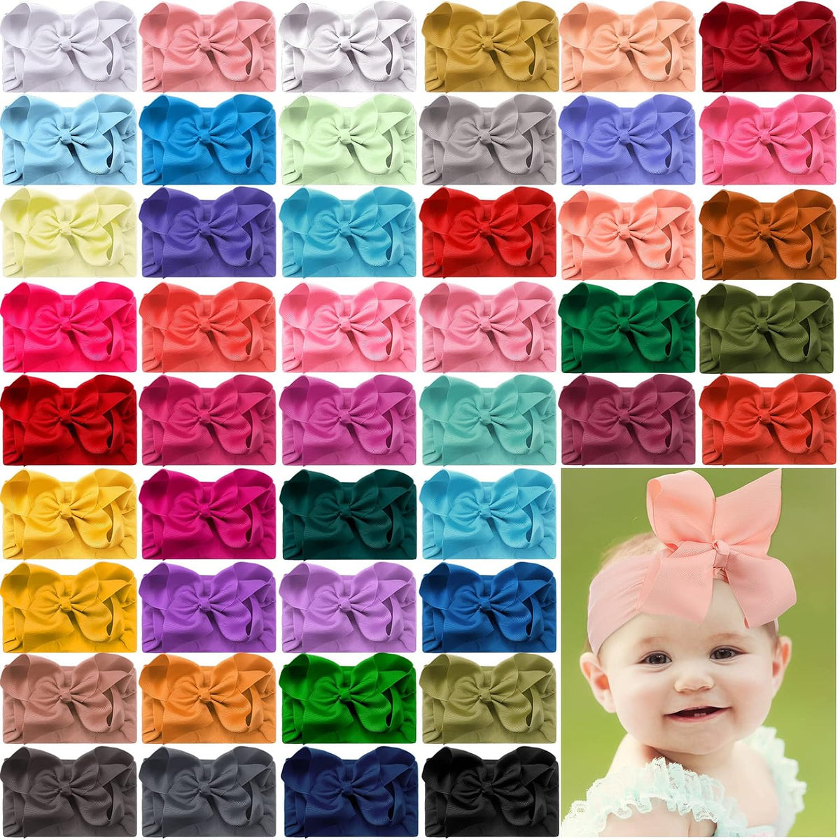 50 Pcs Baby Girls Large Bow Headbands 6.3 Inch Soft Nylon Turban