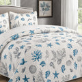 Coastal Blue Quilt Set, Coral Fish Starfish and Seashell Bedspread with 1 Pillow Sham, 68 x 88 Inches