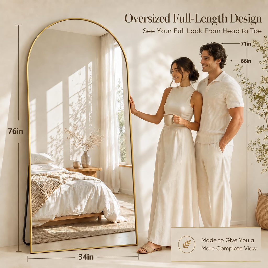 76"x34" Arched Full Length Mirror, Large Floor Mirror, Gold
