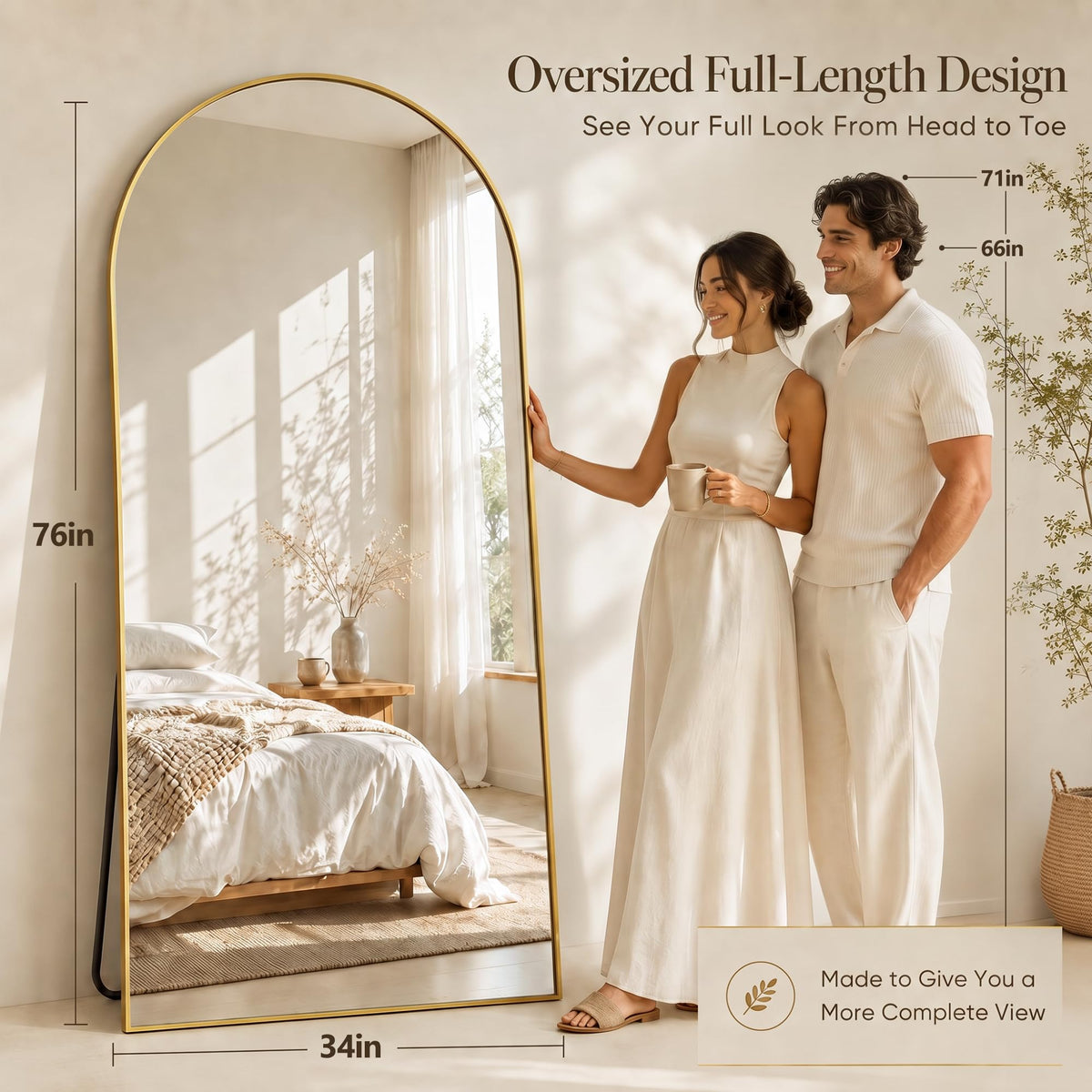 76"x34" Arched Full Length Mirror, Large Floor Mirror, Gold