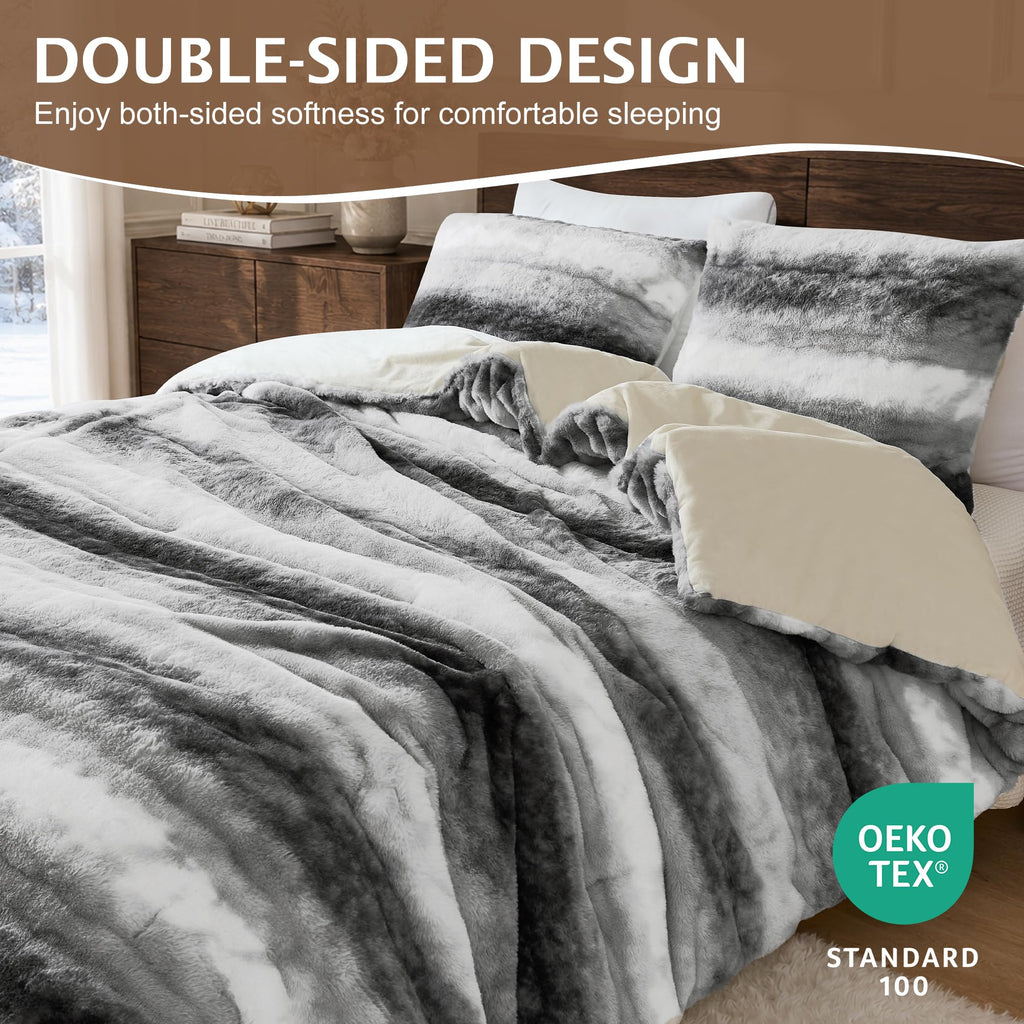 Fluffy Faux Fur Comforter Set, 2-Piece Plush Bedding, Grey