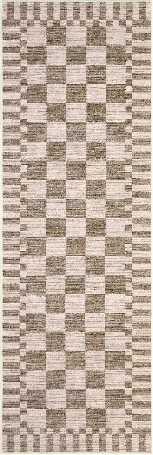 2x6 Kitchen Runner Rug Non Slip Washable Runner Rug | Brown Checkered Rug Soft Low-Pile Geometric Tan Print Modern