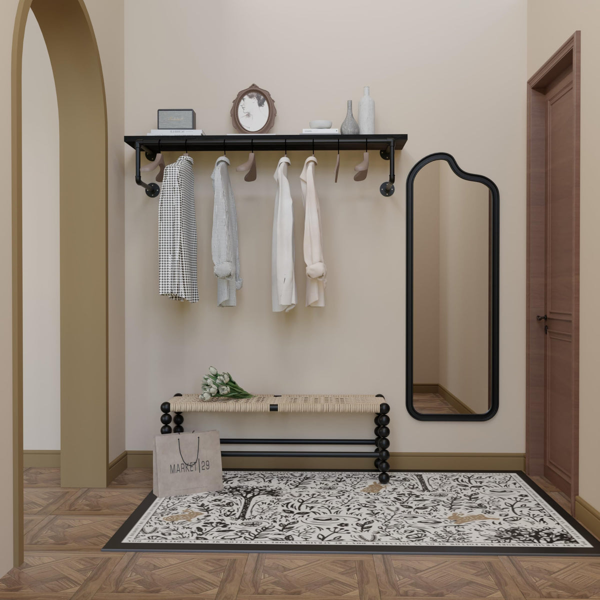 Clothes Rack 48in, Wall Mounted Garment Racks with Real Black Wood Shelf, Heavy Duty Hanging Clothes Rack