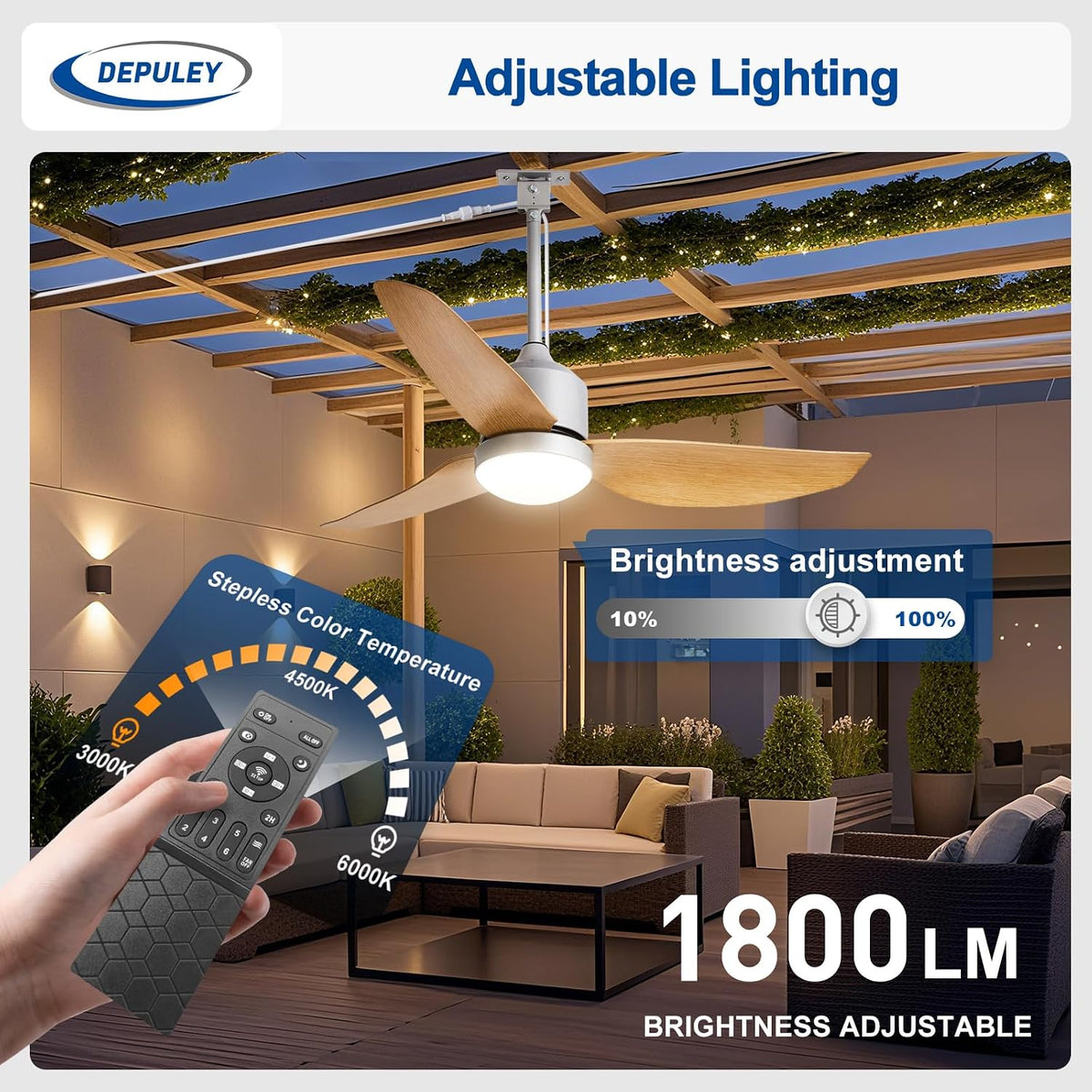 42" Wood Outdoor Flush Mount Ceiling Fan with Light & Remote