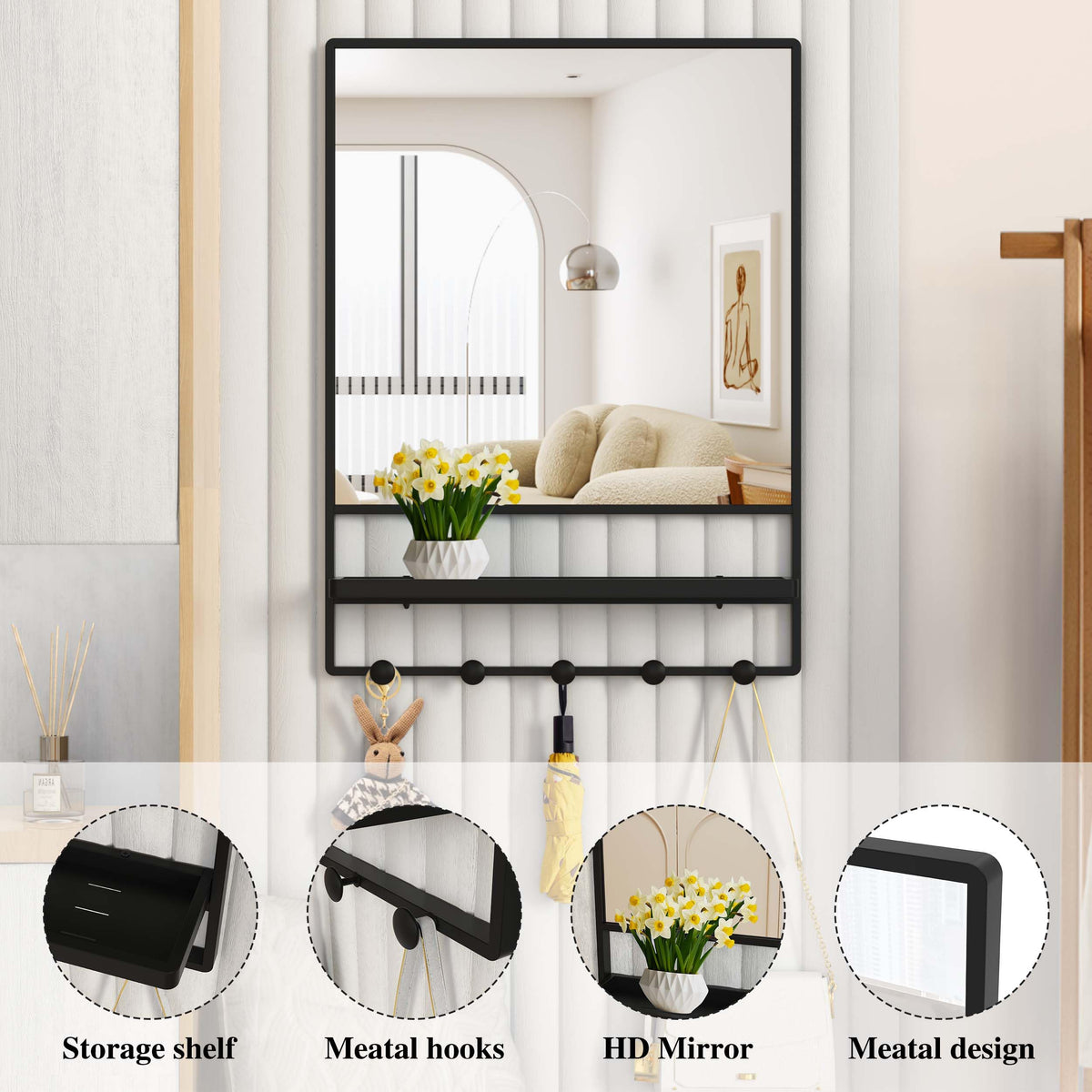 Wall Mirror with Shelf and Hooks,Bathroom Vanity Mirror with Hooks, 21 X 28 inch Metal Framed Decorative Mirror