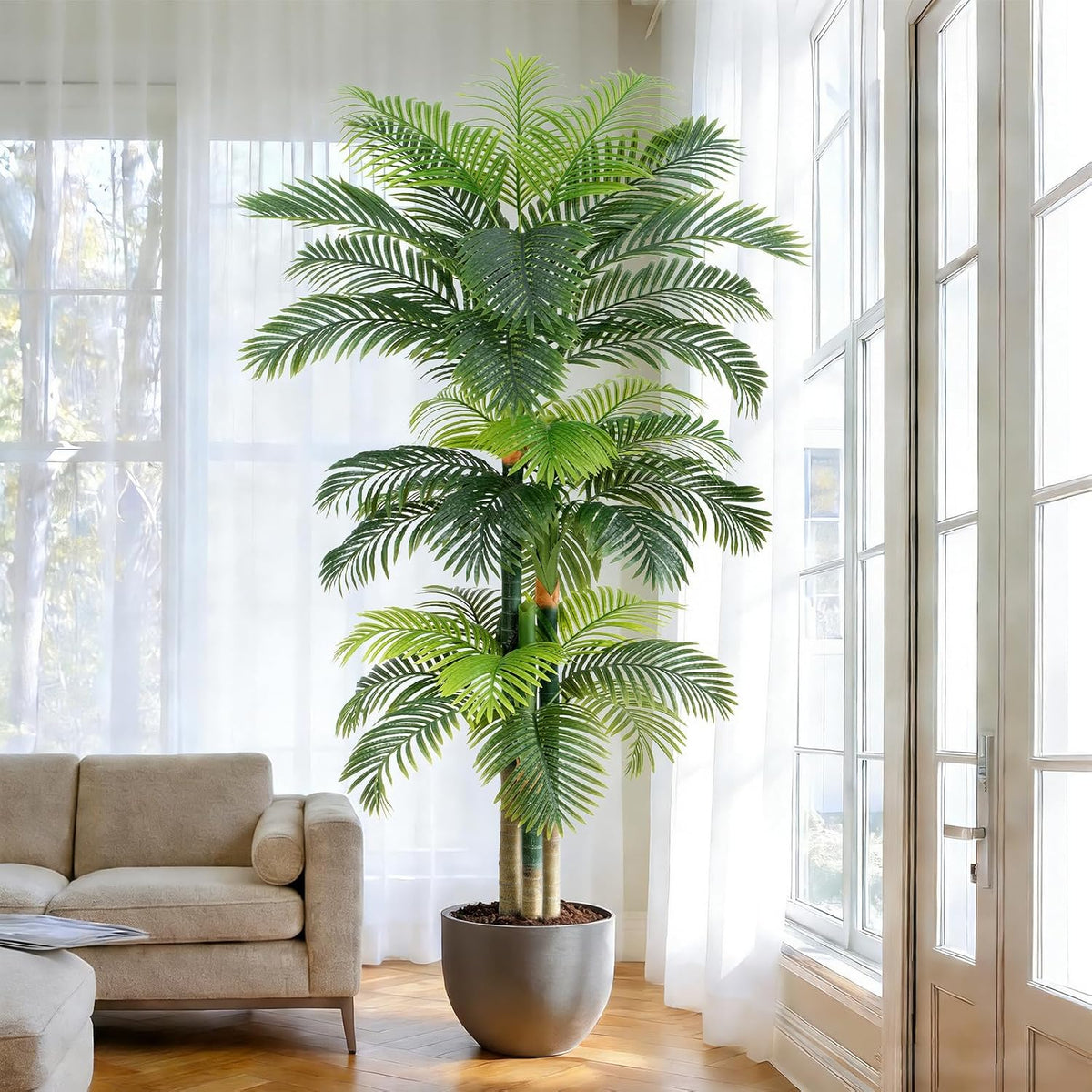 8.5ft Artificial Golden Cane Palm Tree - Large Triple Fake Palm Tree in Pot for Indoor/Outdoor, Patio, Pool, Big