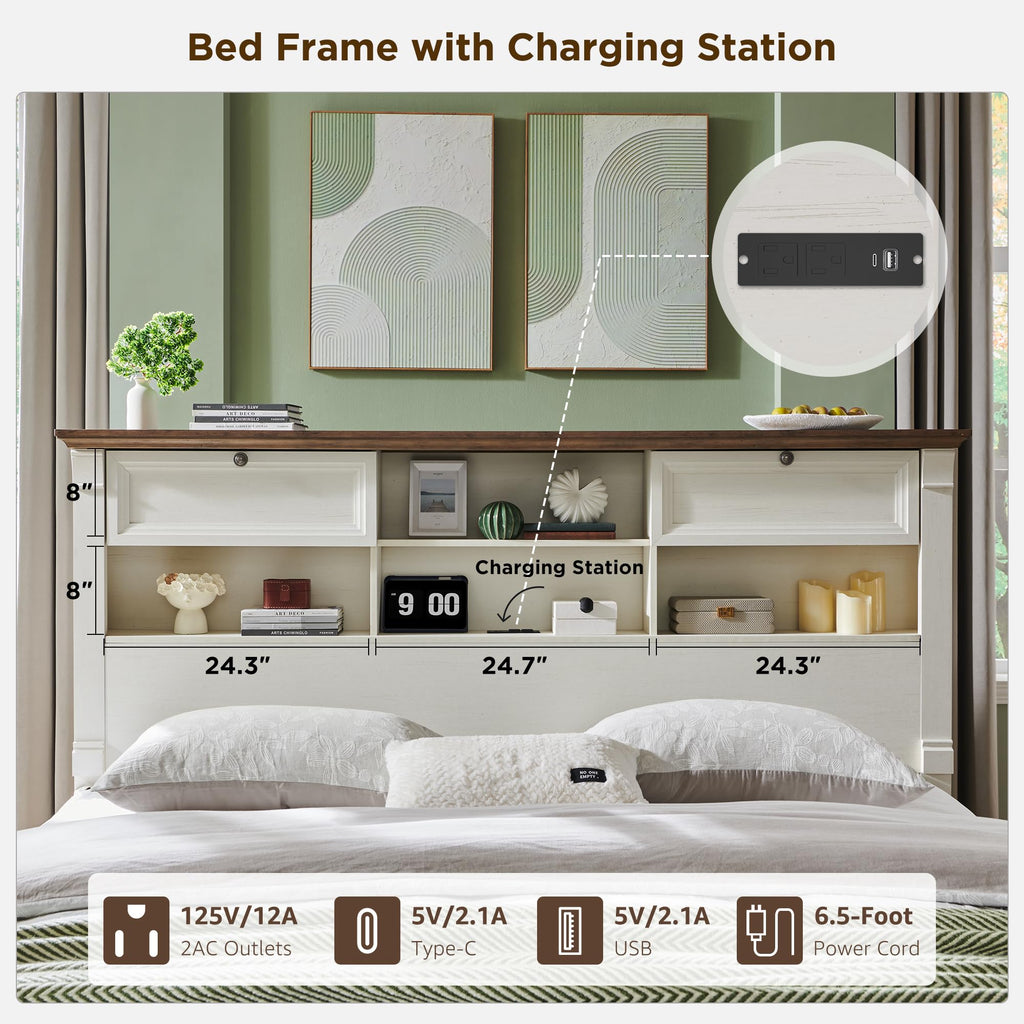 Farmhouse Bed Frame with 2 Drawers & 4 Bookcases On The Headboard