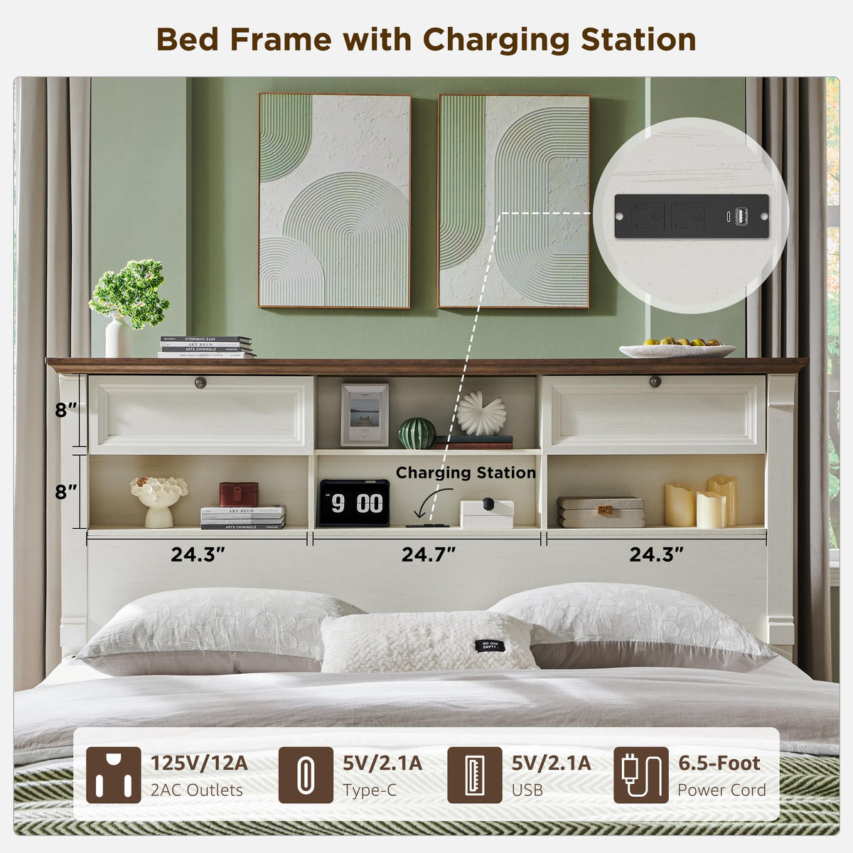Farmhouse Bed Frame with 2 Drawers & 4 Bookcases On The Headboard