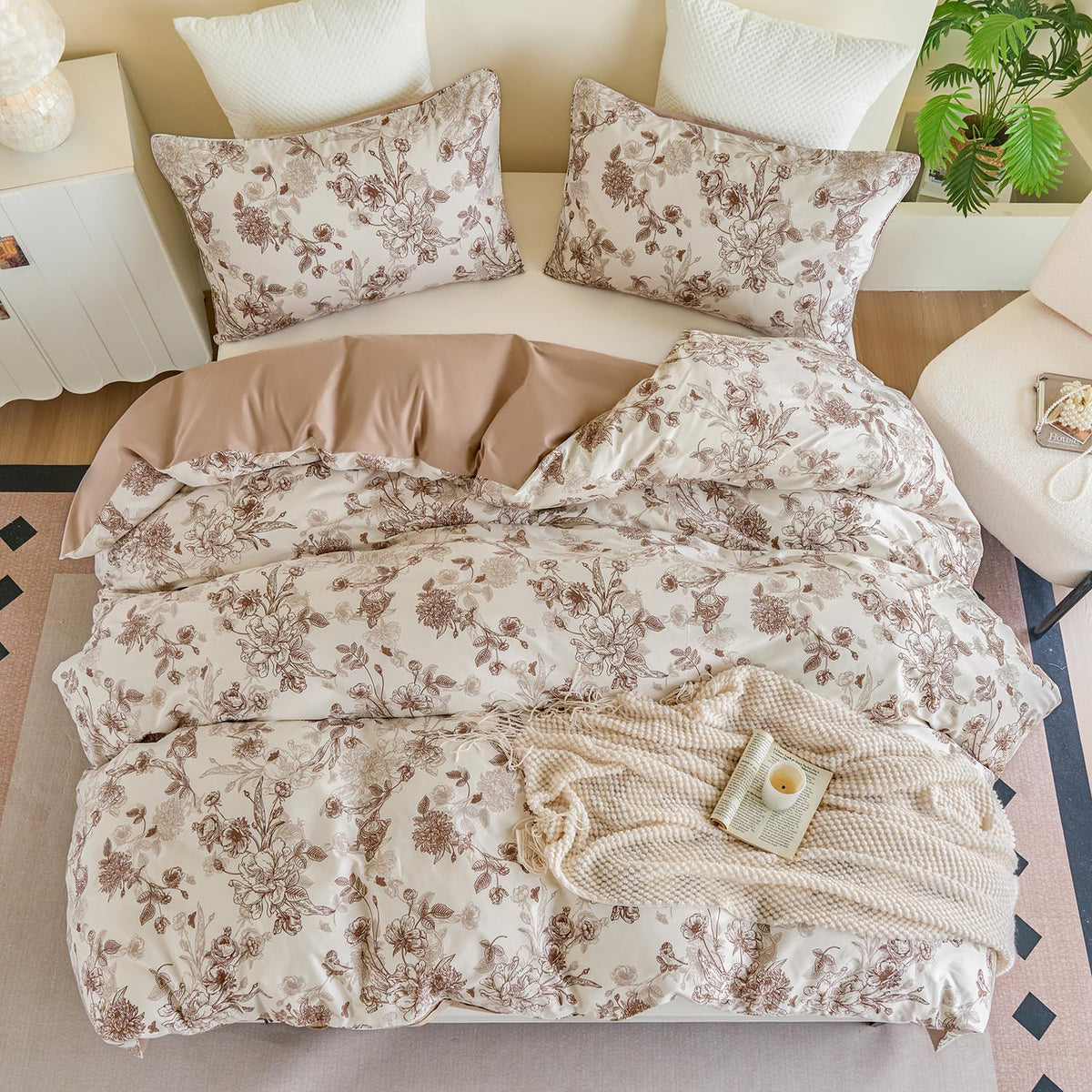 Brown Floral Duvet Cover Set 100% Percale Cotton Shabby Vintage Toile Flower Printed Comforter Covers with