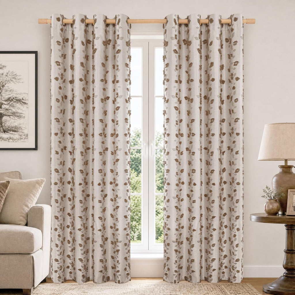 Brown Linen Curtains (Set of 2 Panels), Fall Boho Jacquard Leaf Botanical Pattern with Pom Pom Elegant Luxury Soft Farmhouse Vintage