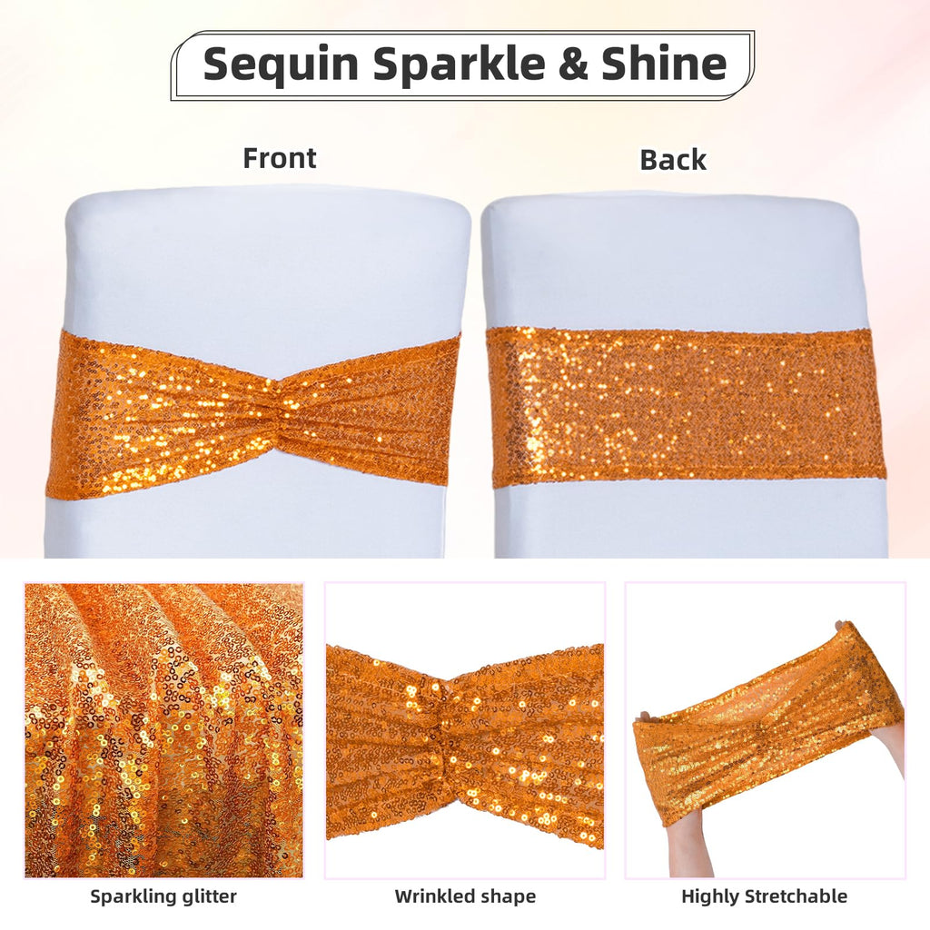 Orange Sequin Chair Sashes 50 Pack, Folding Chair Cover Bands for Halloween Wedding Party Ceremony Banquet Decorations