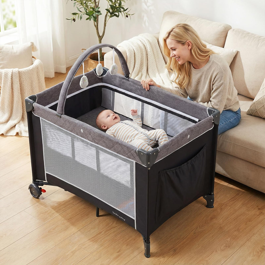 3 in 1 Play Yard, Travel Crib Bassinet Bed for Baby, Changing Table w/Safety Belt, Hanging Bar, Lockable