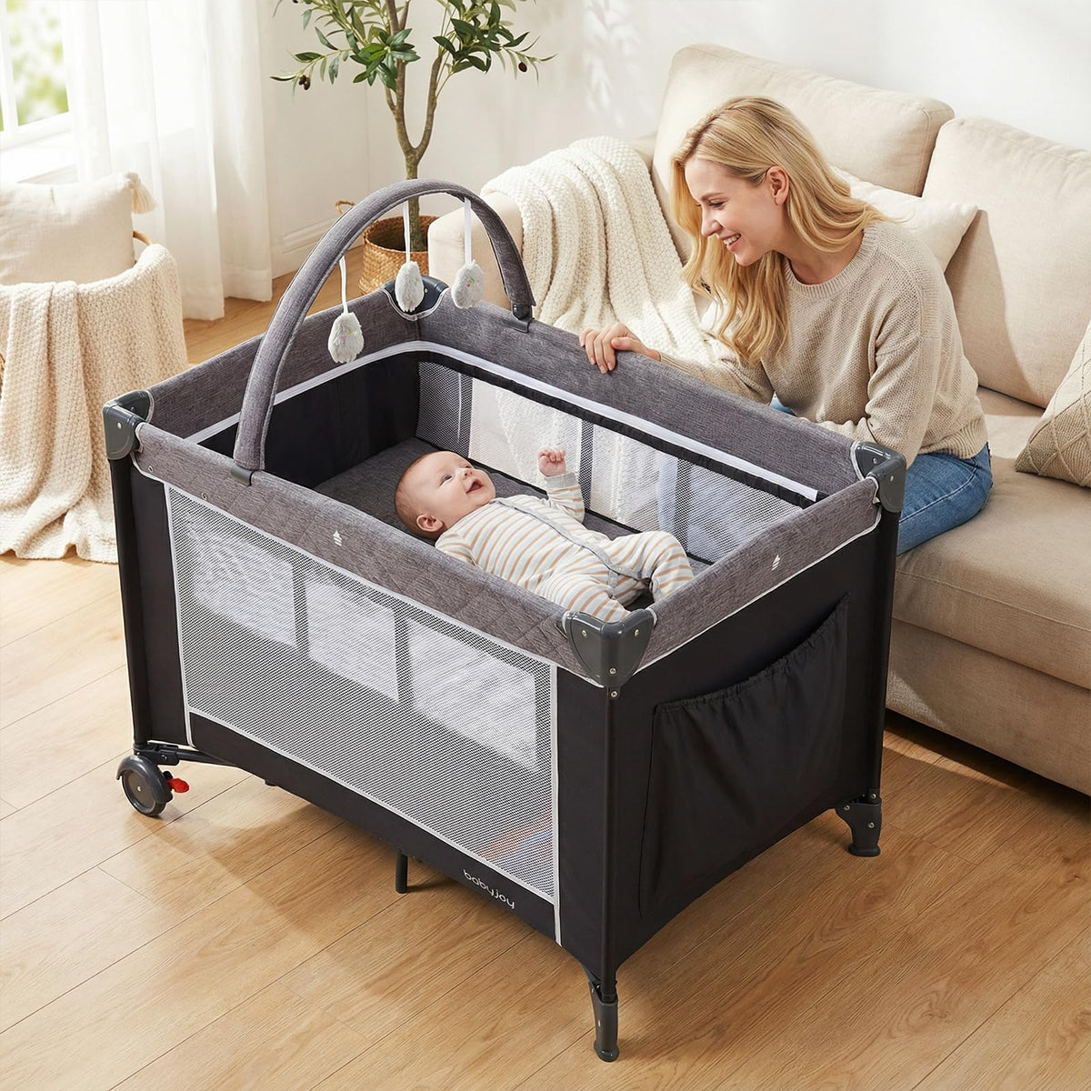 3 in 1 Play Yard, Travel Crib Bassinet Bed for Baby, Changing Table w/Safety Belt, Hanging Bar, Lockable