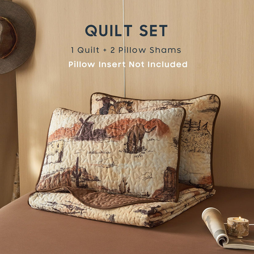 Quilt Set, Rustic Ranch Life with Cowboy Southwestern Vintage Country Pattern Printed, Reversible Lightweight