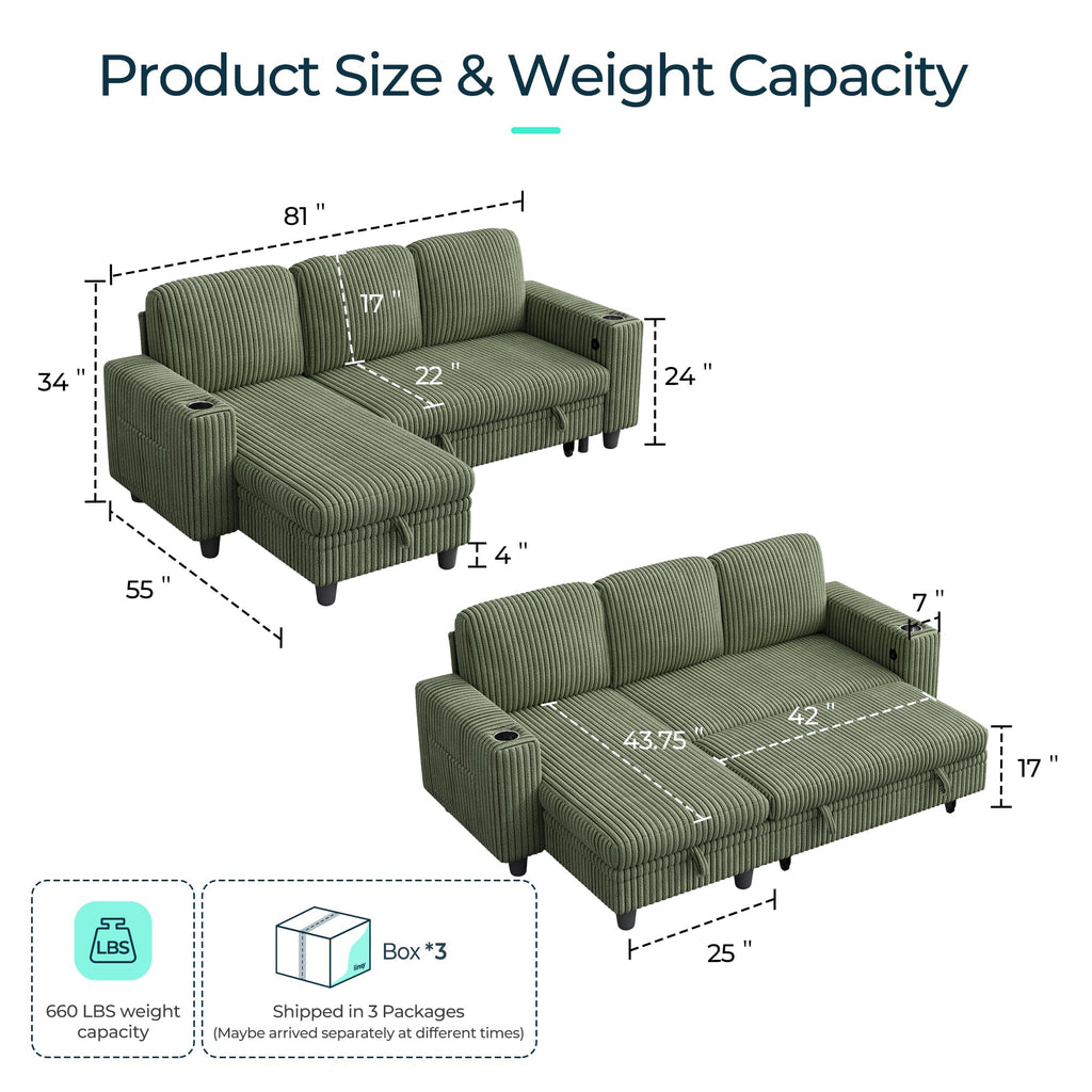 Sectional Sleeper Sofa Couch with Storage Chaise & USB Charging, Plush Corduroy Convertible Pullout Sofa Bed, Modular