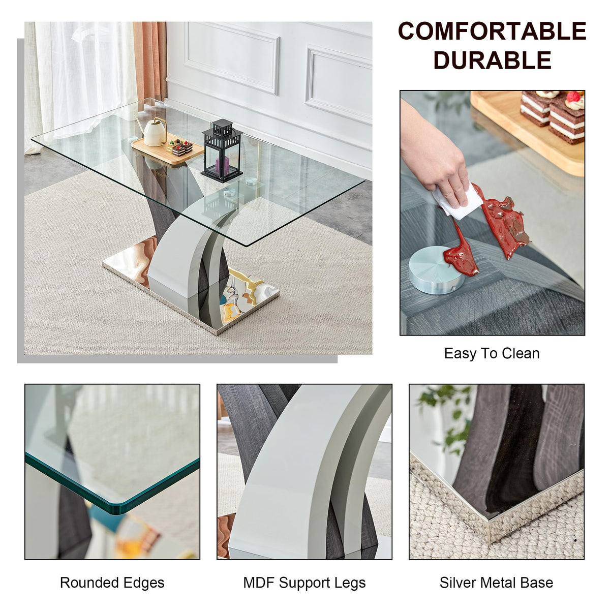 Glass Dining Table Set for 6, Modern 63" Dining Room Table Set for 6