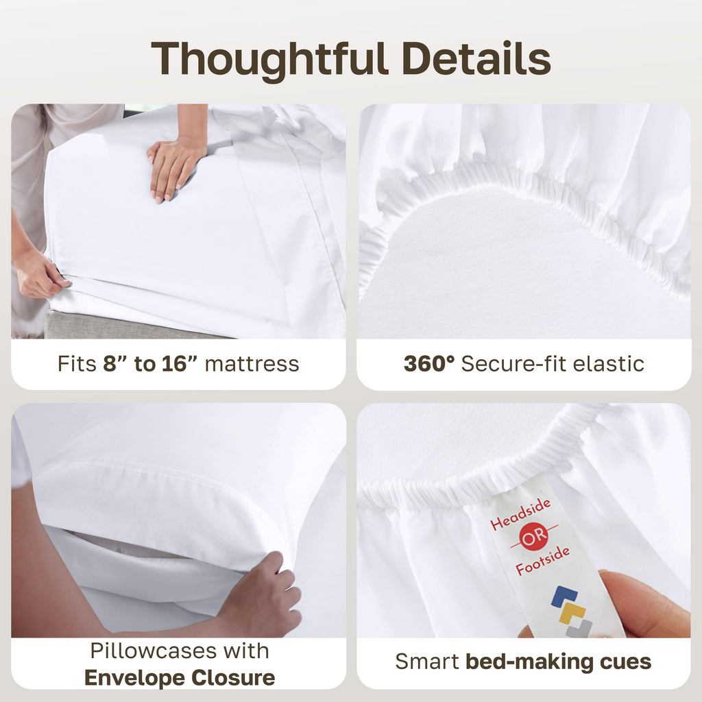 100% Cotton Sateen Bedding Sheets Set, White