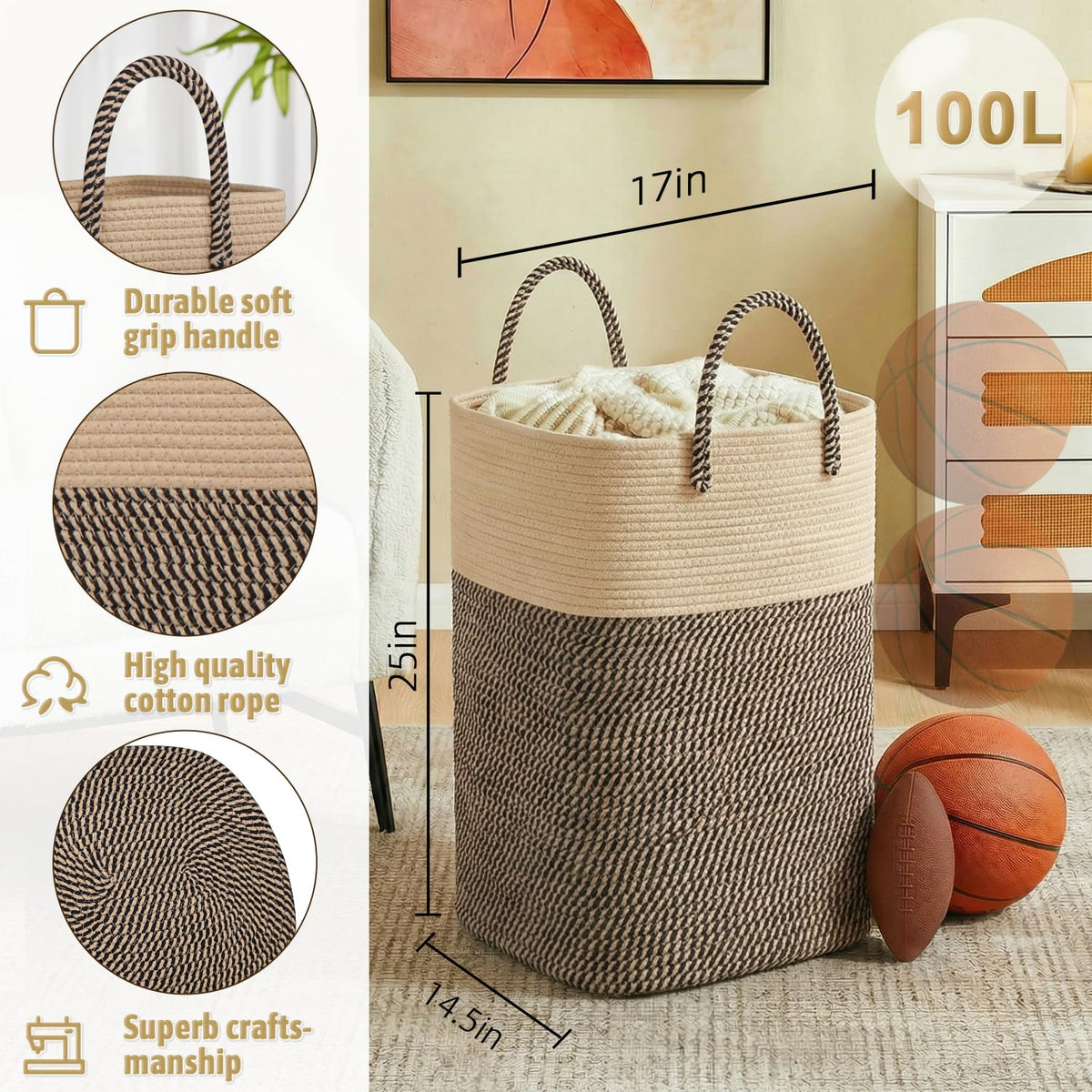 Basket,Woven Cotton Rope Laundry Hamper,Versatile Storage for Dirty Clothes,Baby Toys,and Blankets ,and Living Room