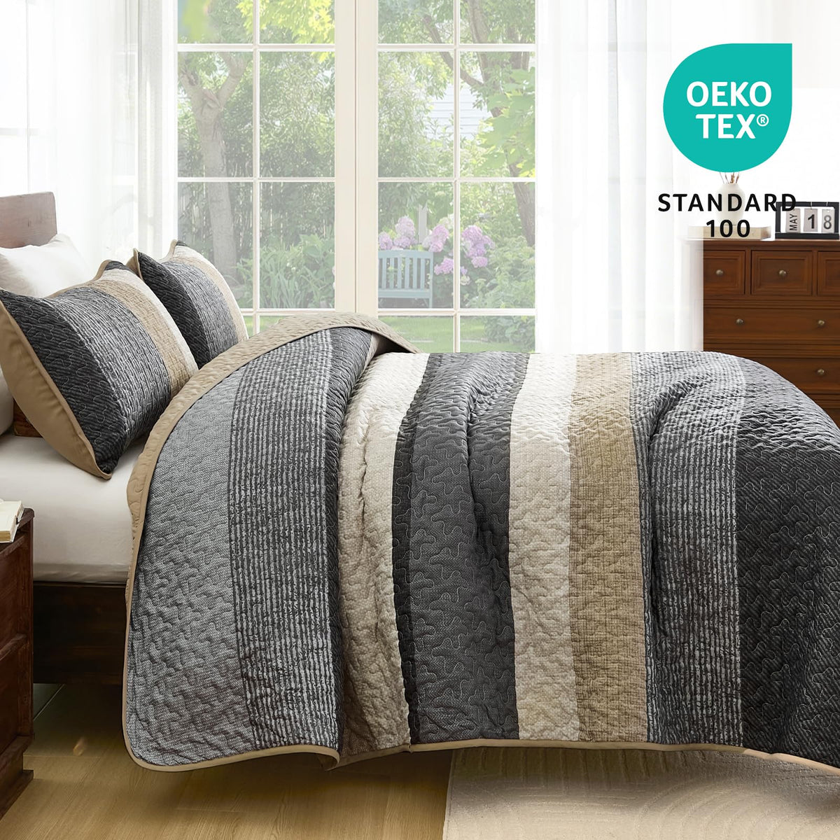 Grey Quilt Set, 3-Piece Boho Striped Bedding