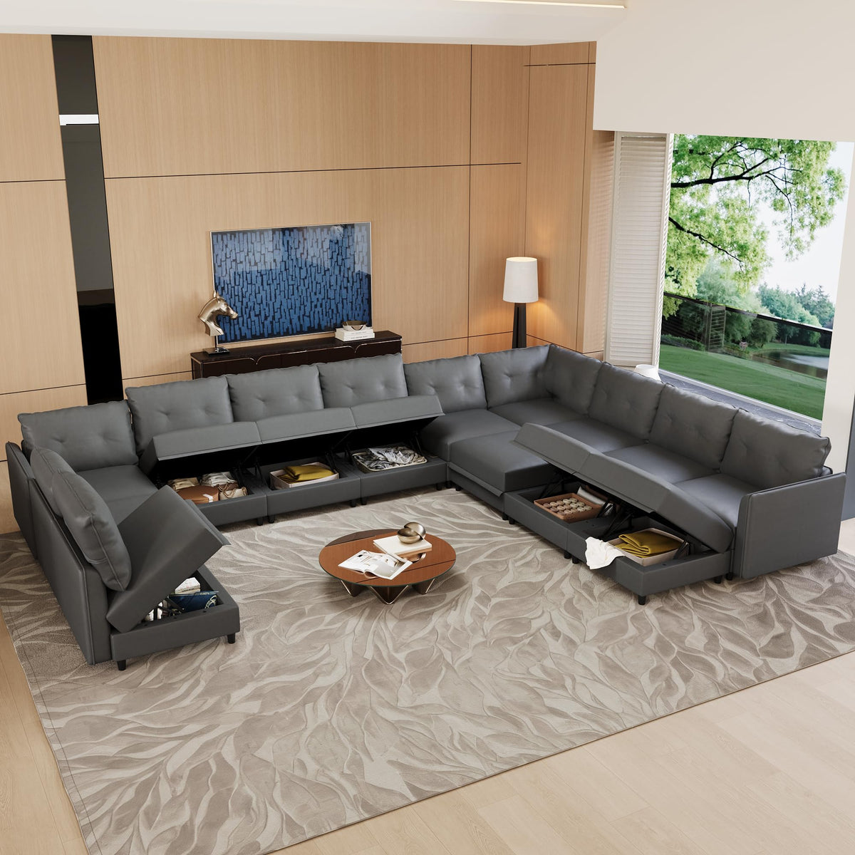 Faux Leather Oversized 14 Seats Sectional Sofa with Storage