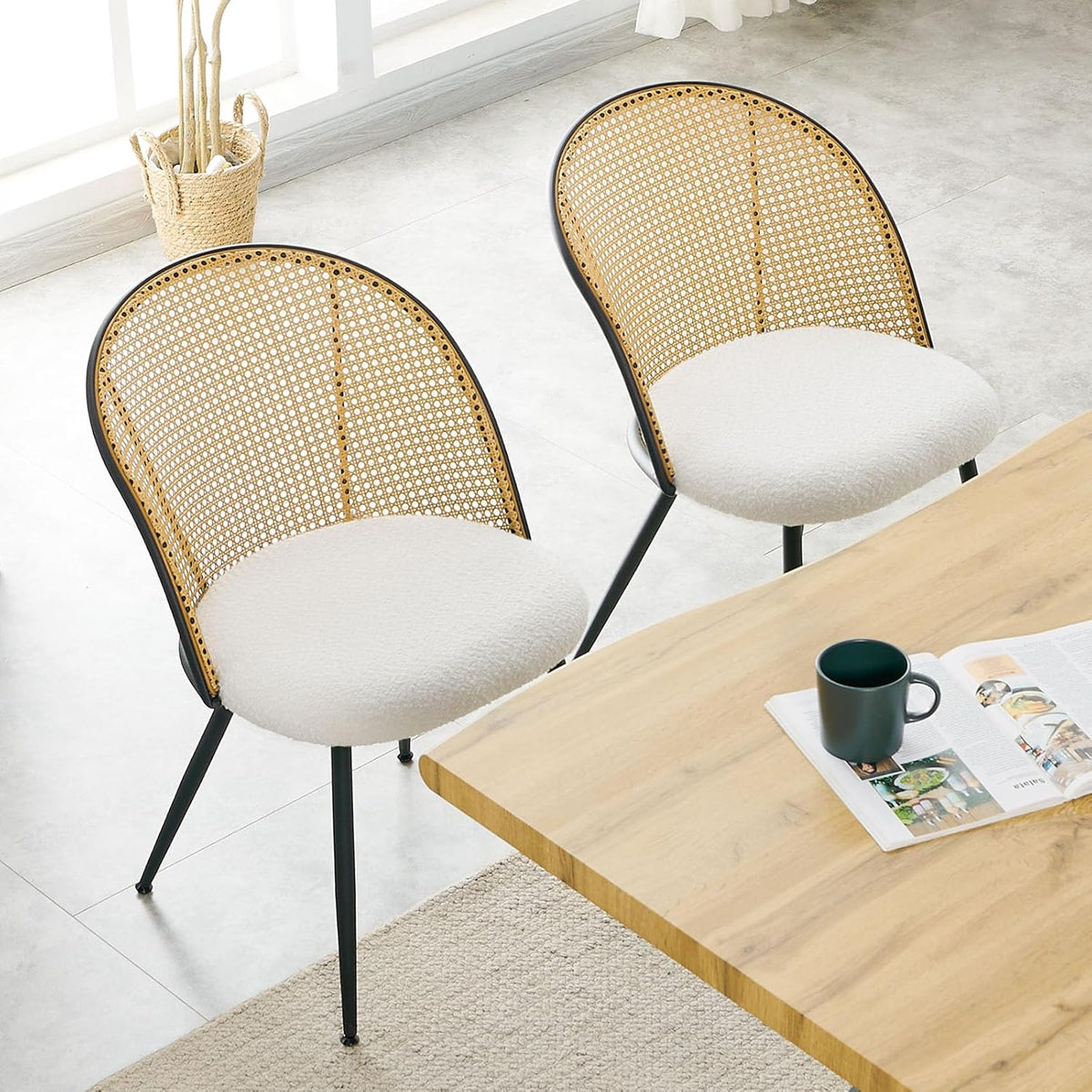 Rattan Dining Chairs Set of 4, Mid-Century Modern Upholstered Kitchen Chairs with Cane Backrest, Armless Farmhouse Dining Chairs with Metal Legs, White