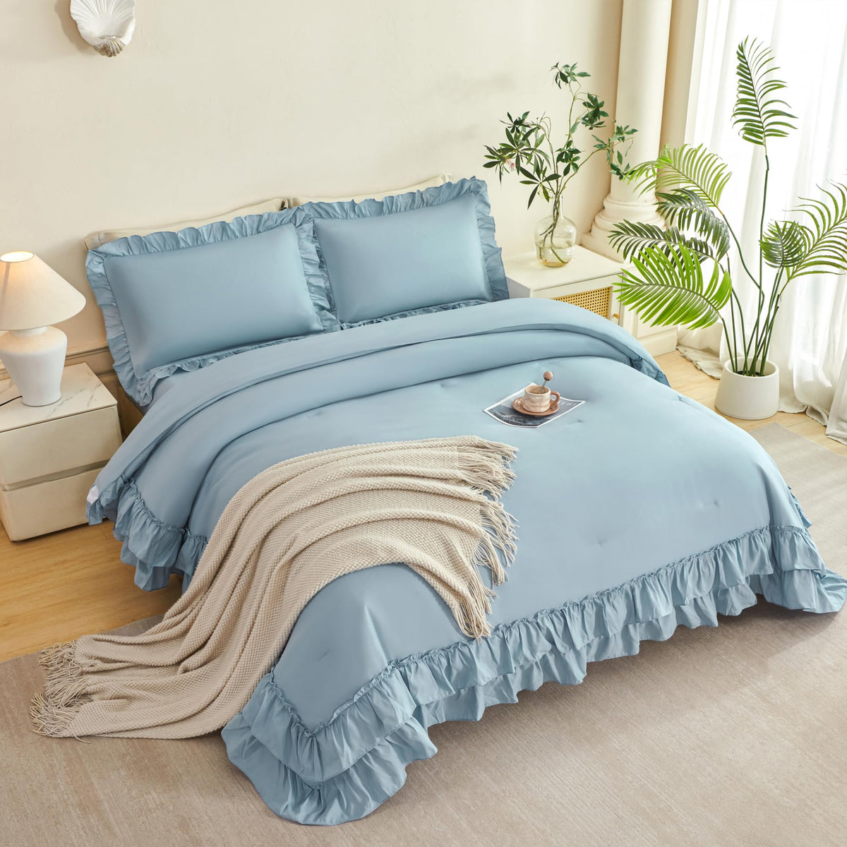 Comforter Set - 5 Pieces Ruffle Dusty Blue Bedding Sets