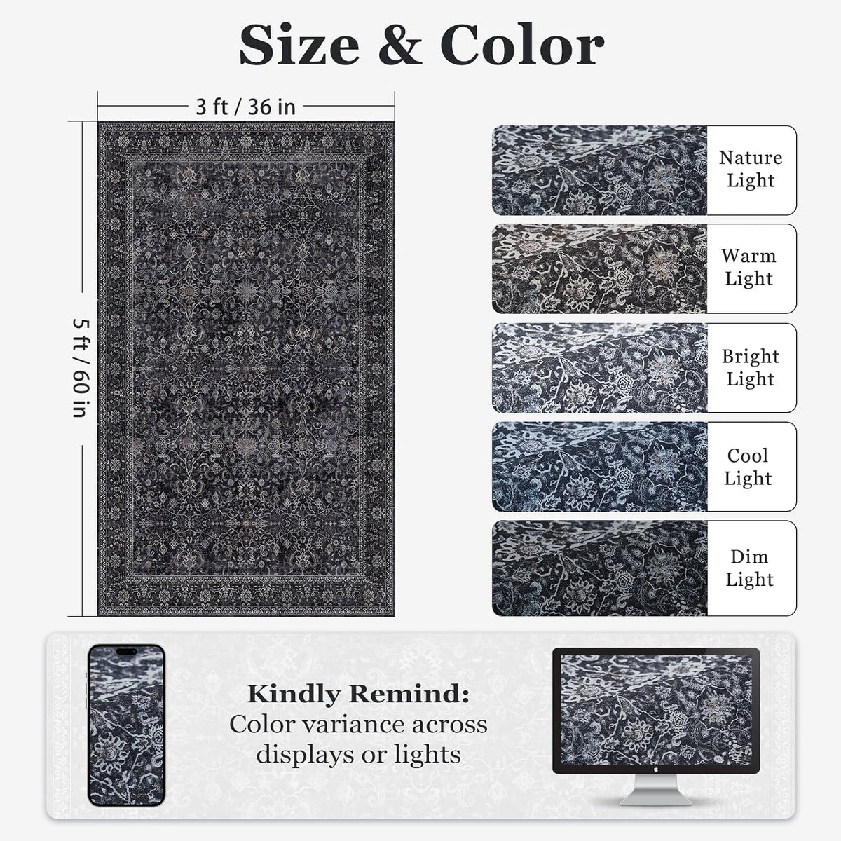 Vintage Dark Entryway Rug Indoor Foyer, Earth Tone Farmhouse Throw Rug Bathroom, Machine Washable Non Slip Thin