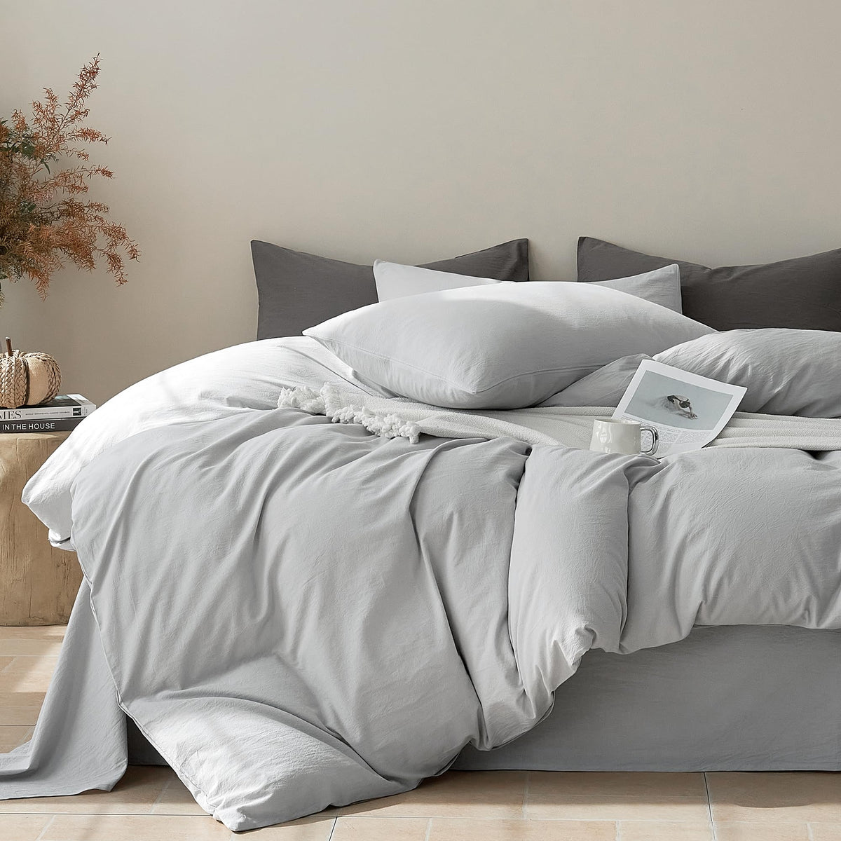 100% Cotton Duvet Cover Set, Washed Linen-Like Texture